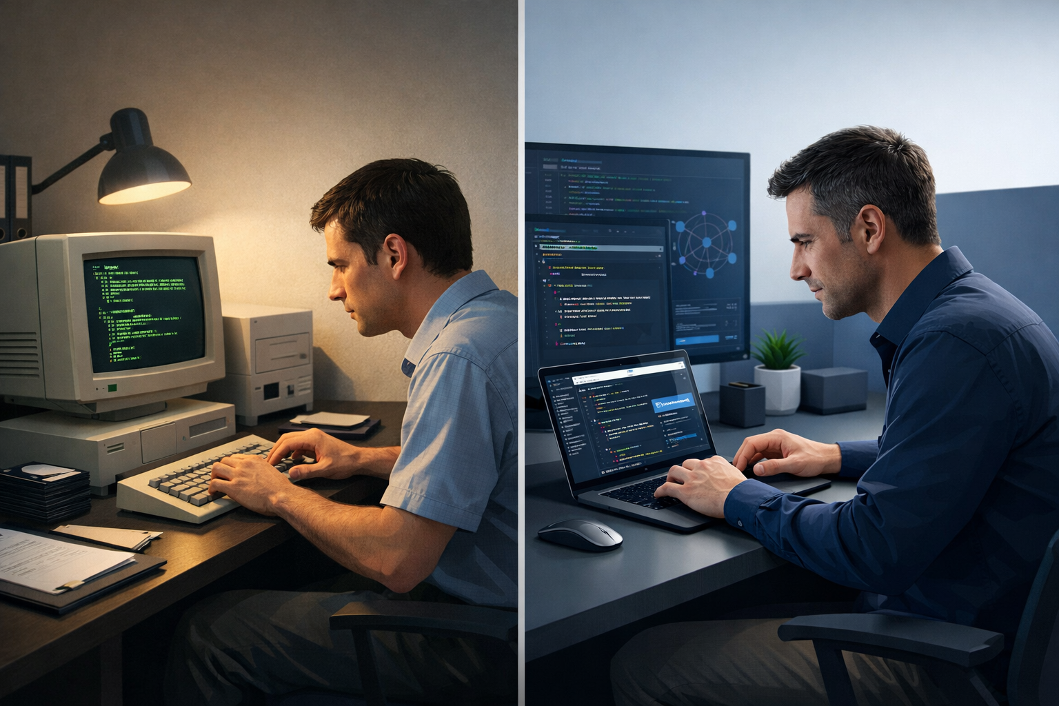 Geteiltes Bild, links ein Entwickler 1991 an einem beigen DOS-PC mit gruener Monochrom-Schrift, rechts derselbe Entwickler heute an einem modernen Laptop mit KI-gestuetzter Entwicklungsumgebung, gleiche konzentrierte Haltung