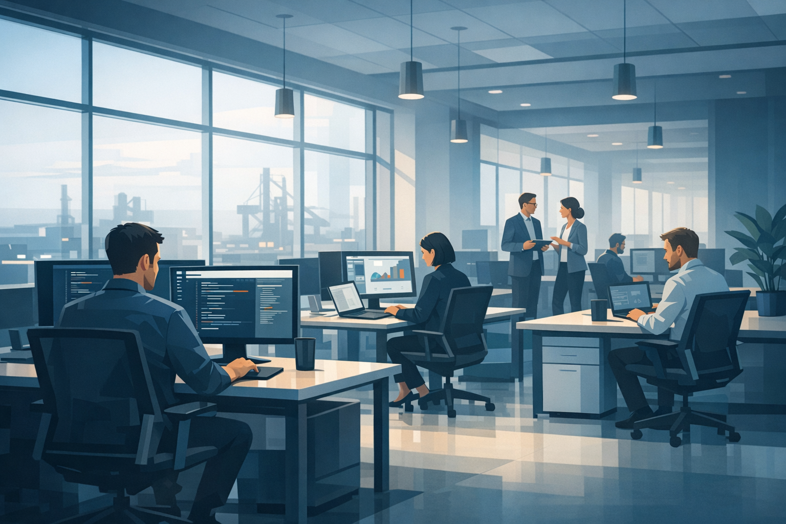 Modernes Grossraumbuero eines Industriekonzerns mit Entwicklerarbeitsplaetzen, grosse Fensterfront, professionelle Atmosphaere