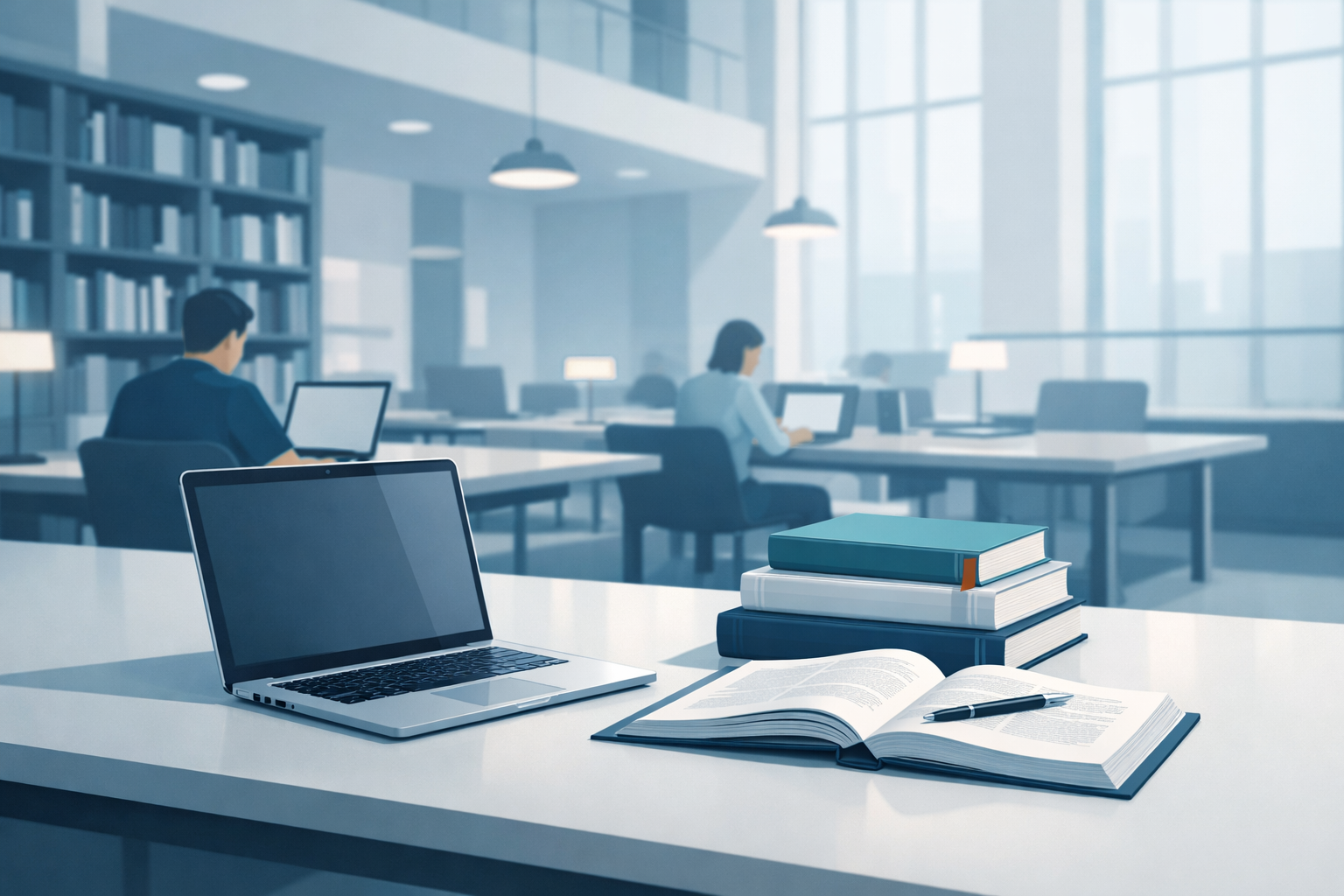 Helle Universitaetsbibliothek mit Laptop und Fachbuechern auf einem Arbeitstisch, konzentrierte Arbeitsatmosphaere