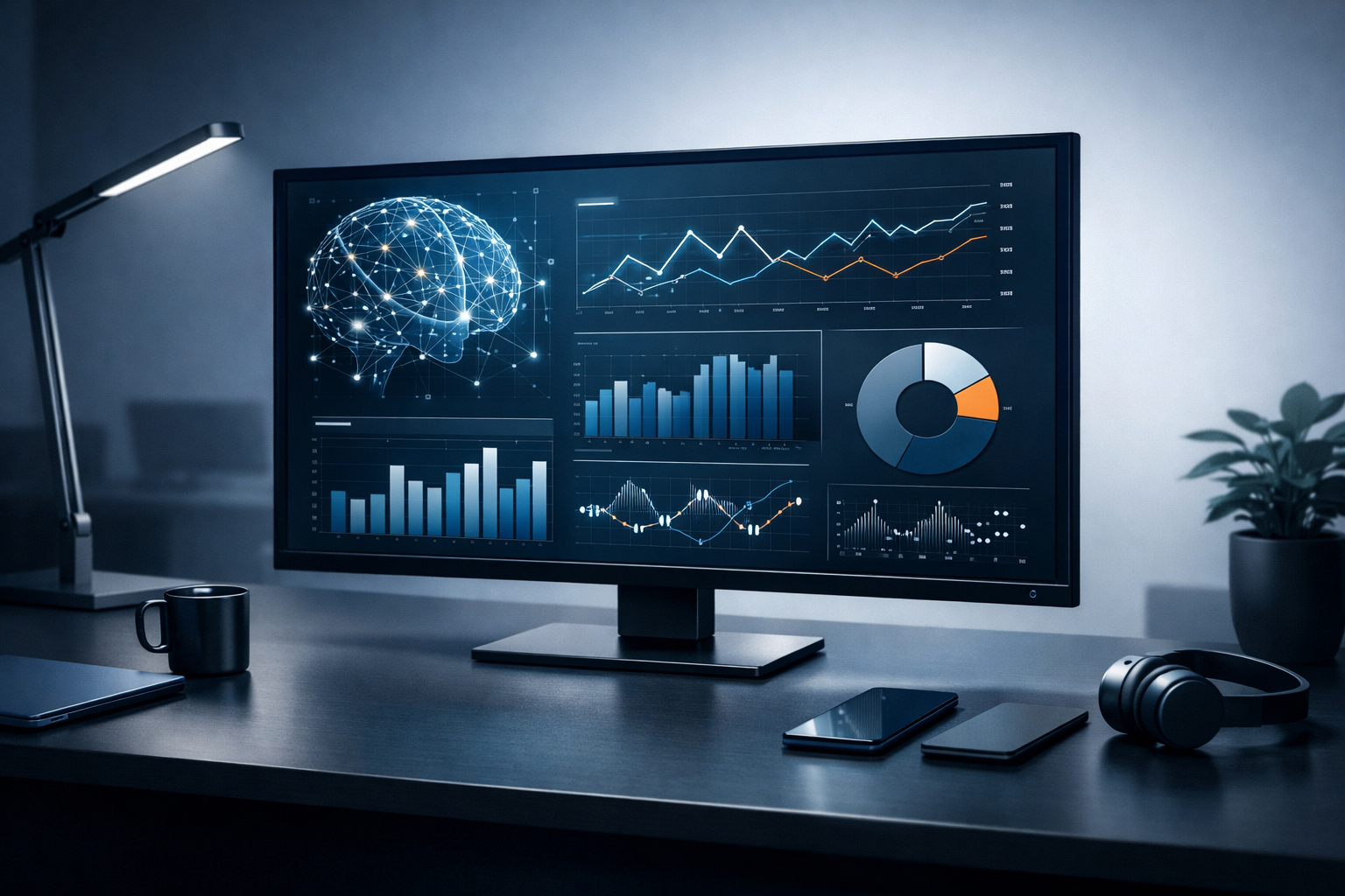 Abstraktes Dashboard mit KI-Analyse-Visualisierungen auf einem modernen Monitor, dunkler Schreibtisch, professionelle Beleuchtung