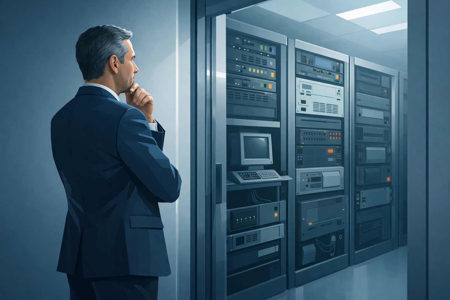 Geschaeftsfuehrer steht nachdenklich vor einem Serverraum mit aelteren Systemen