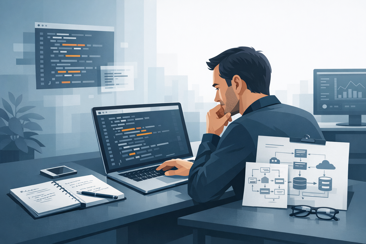 Erfahrener Entwickler analysiert Legacy-Code, Notizen und Architekturskizze daneben