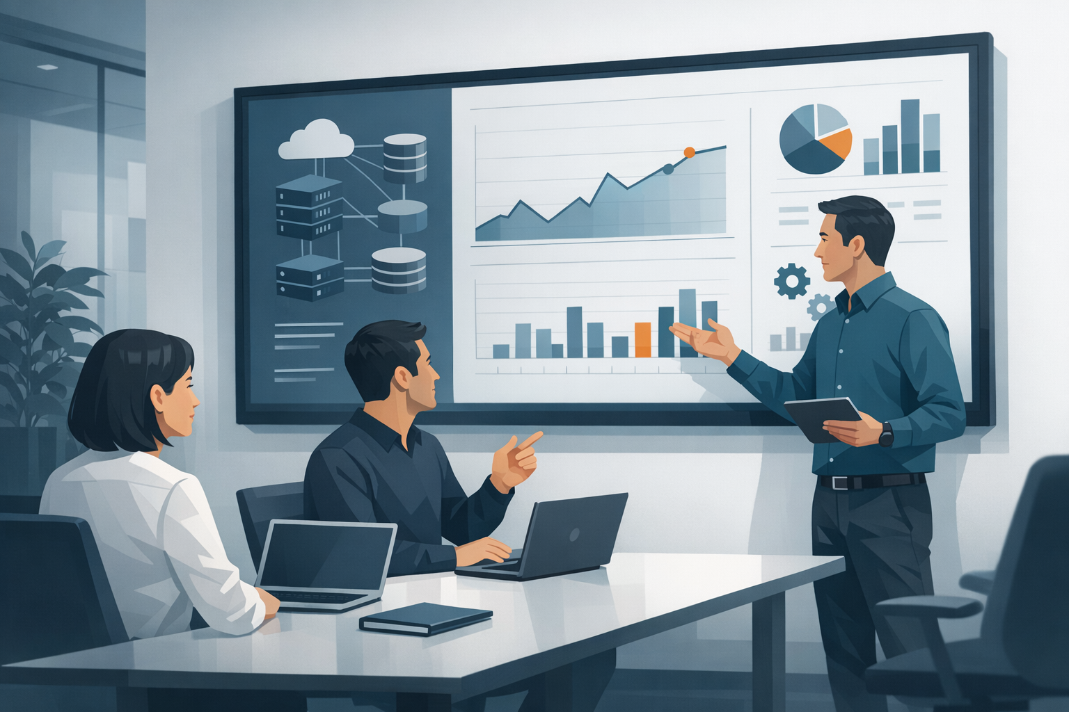 IT-Team bespricht Infrastruktur-Modernisierung an einem grossen Bildschirm mit Diagrammen