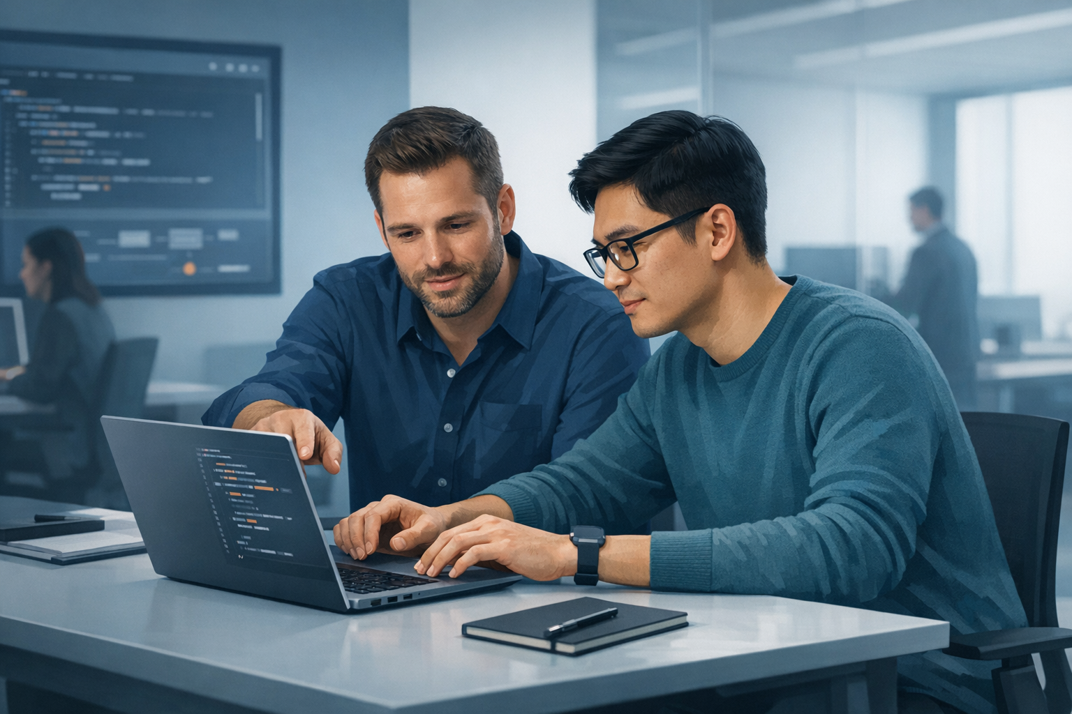 Zwei Entwickler besprechen Code-Aenderungen an einem Laptop in einem modernen Buero