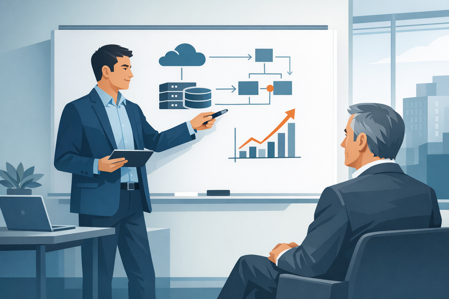 IT-Berater erklaert Geschaeftsfuehrer die Modernisierungsstrategie am Whiteboard