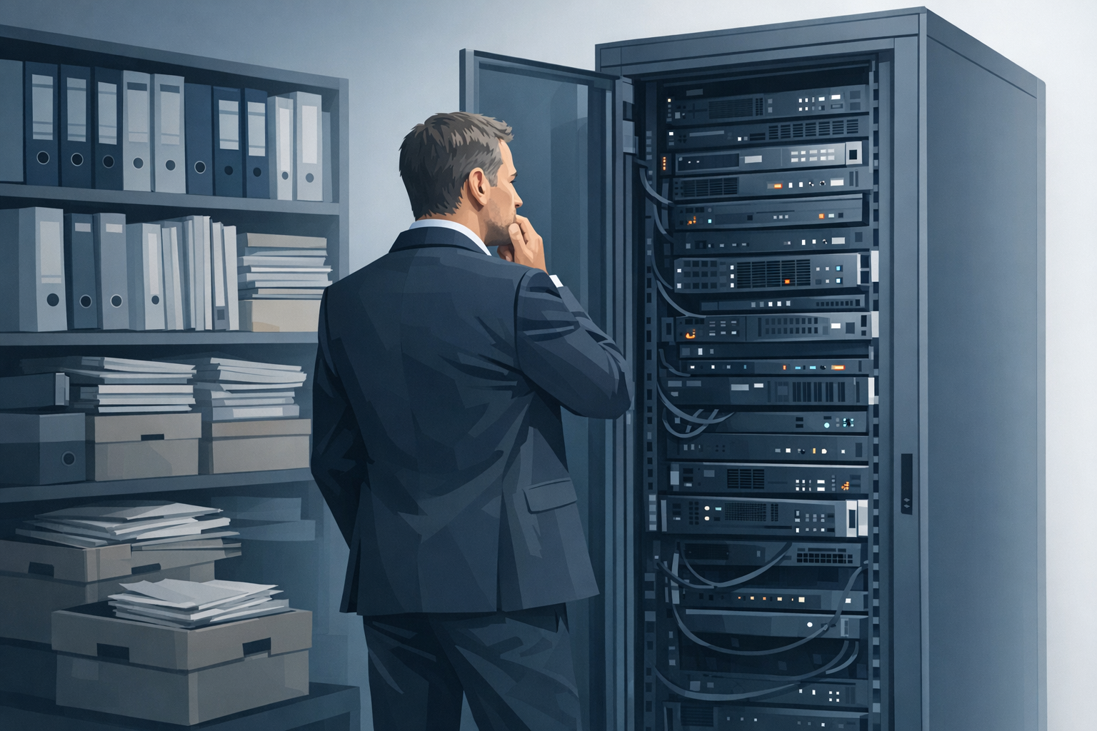 Geschaeftsfuehrer steht ratlos vor einem Server-Schrank, Aktenordner und alte Dokumentation im Hintergrund