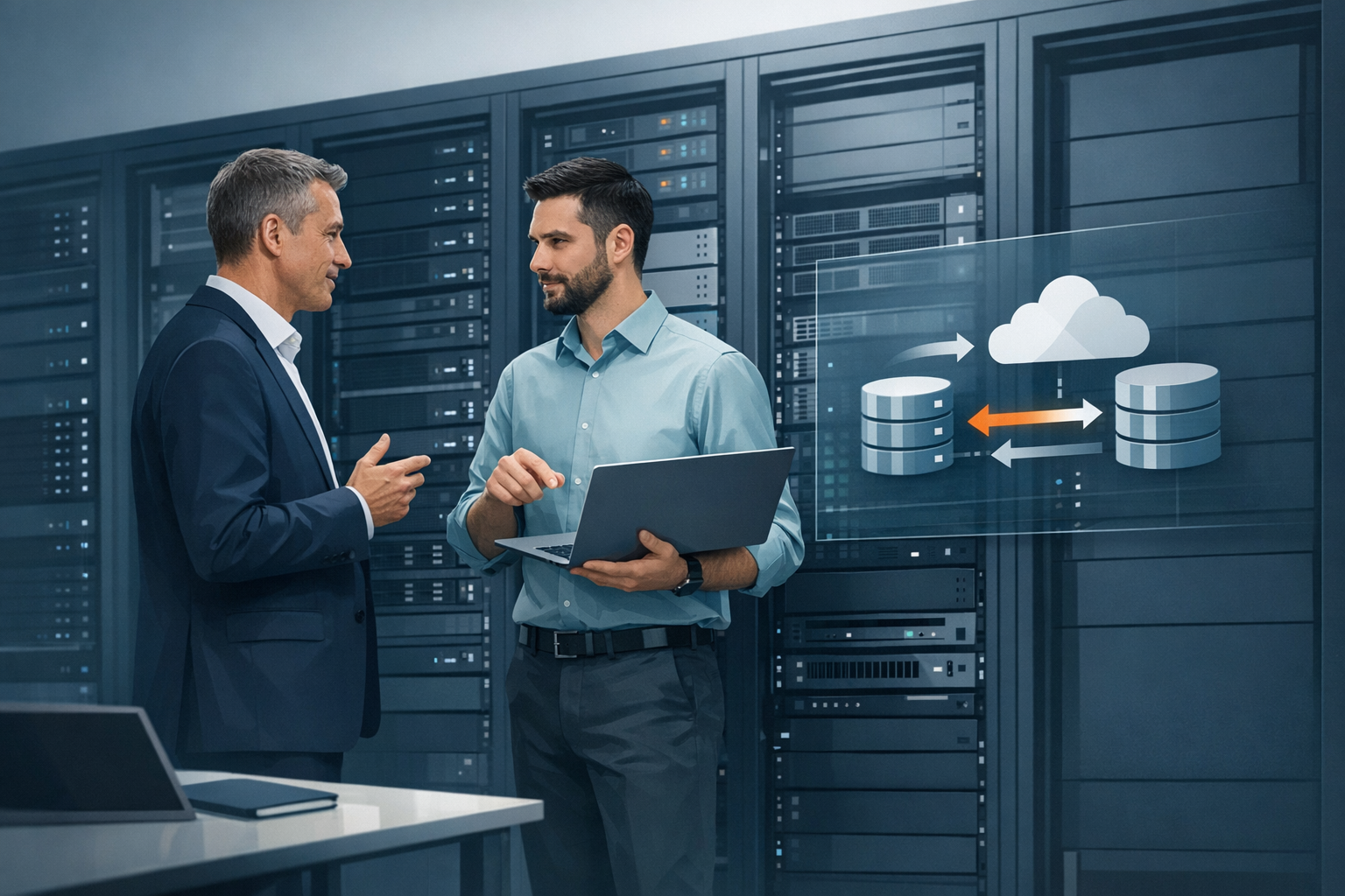 Geschaeftsfuehrer und IT-Berater besprechen Servermigration vor einem Serverrack