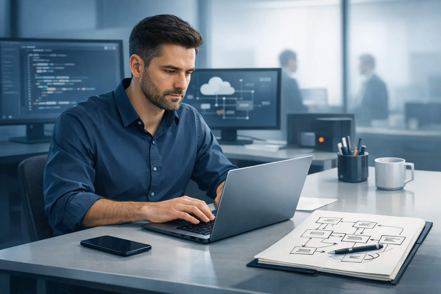 Erfahrener Entwickler arbeitet konzentriert am Laptop, daneben handschriftliche Architekturskizze