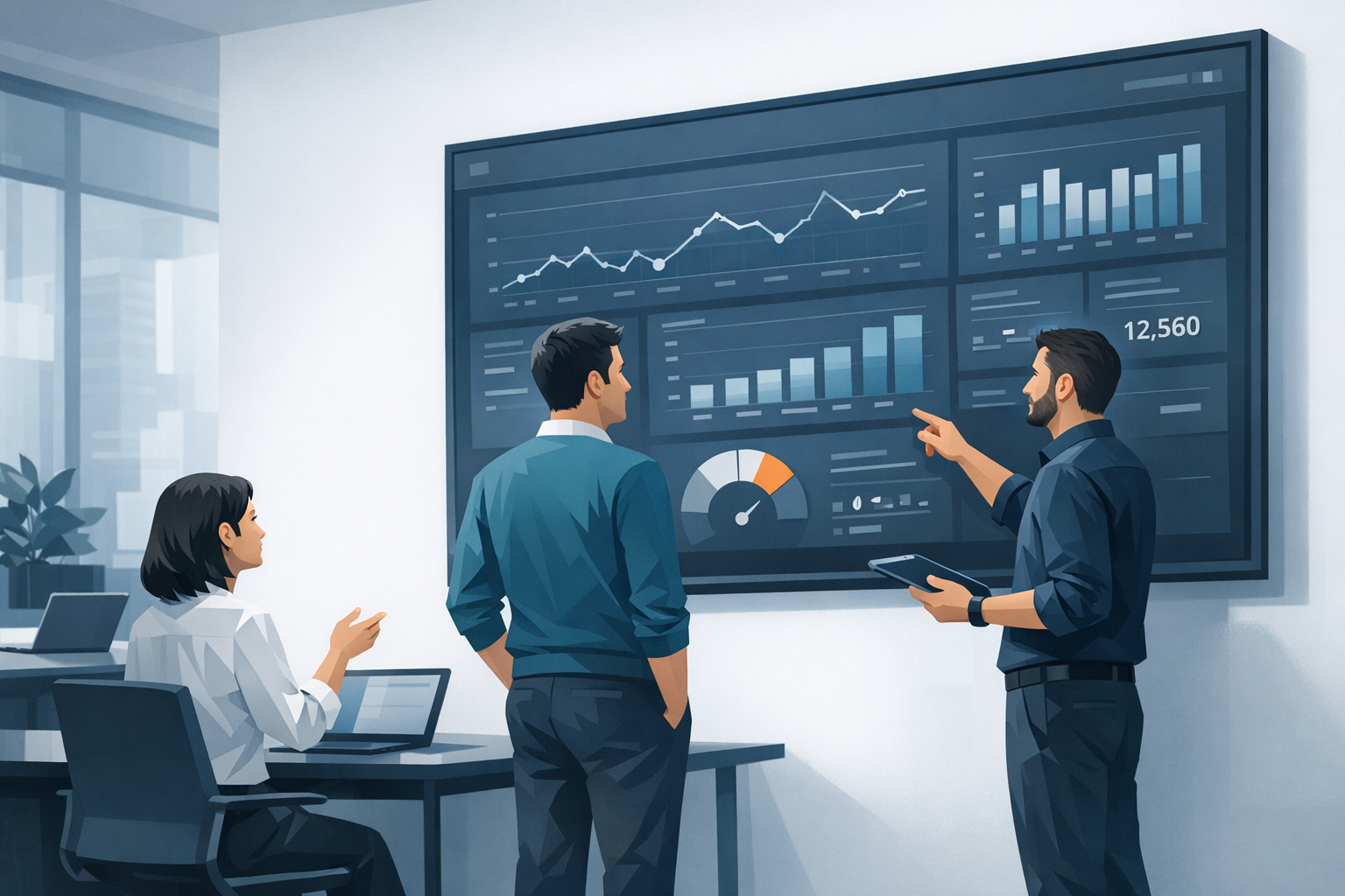 IT-Team bespricht Monitoring-Dashboard auf grossem Bildschirm im Buero