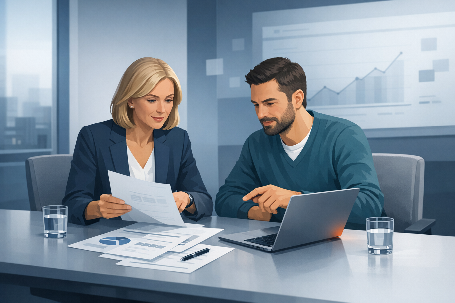 Geschaeftsfuehrerin und IT-Experte analysieren gemeinsam Dokumente an einem Besprechungstisch