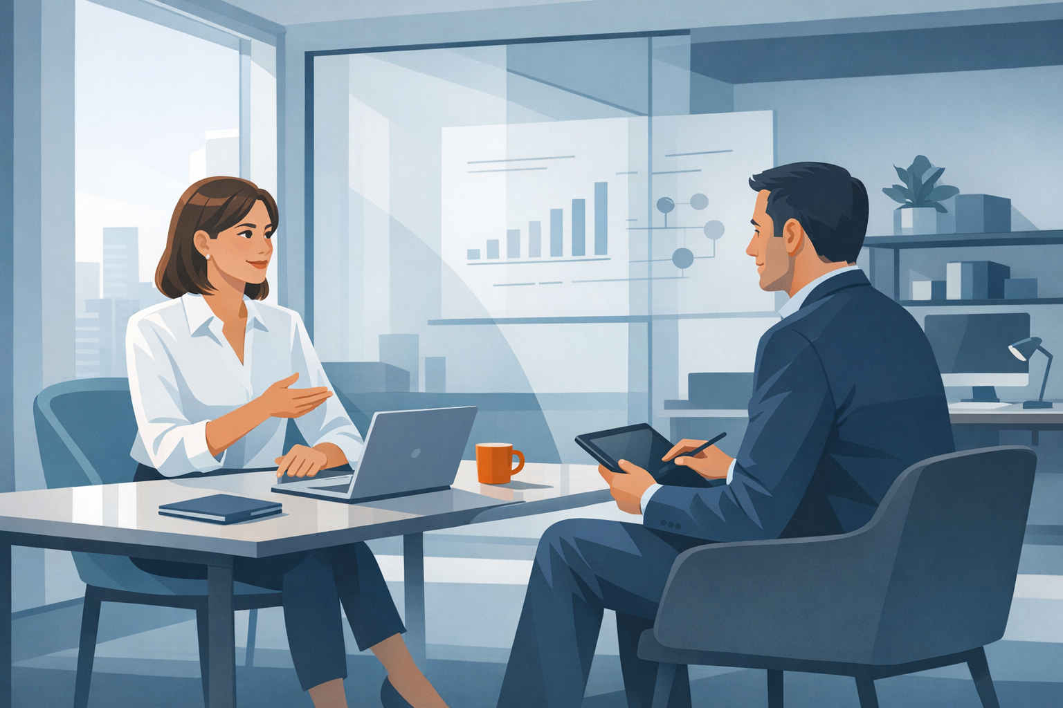 Unternehmerin im Gespraech mit Berater, entspannte Atmosphaere in modernem Buero