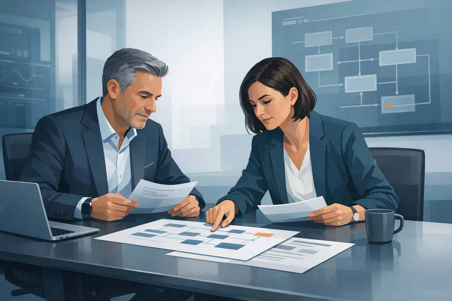 Geschaeftsfuehrer und Beraterin besprechen Softwarelogik anhand von Dokumenten am Besprechungstisch