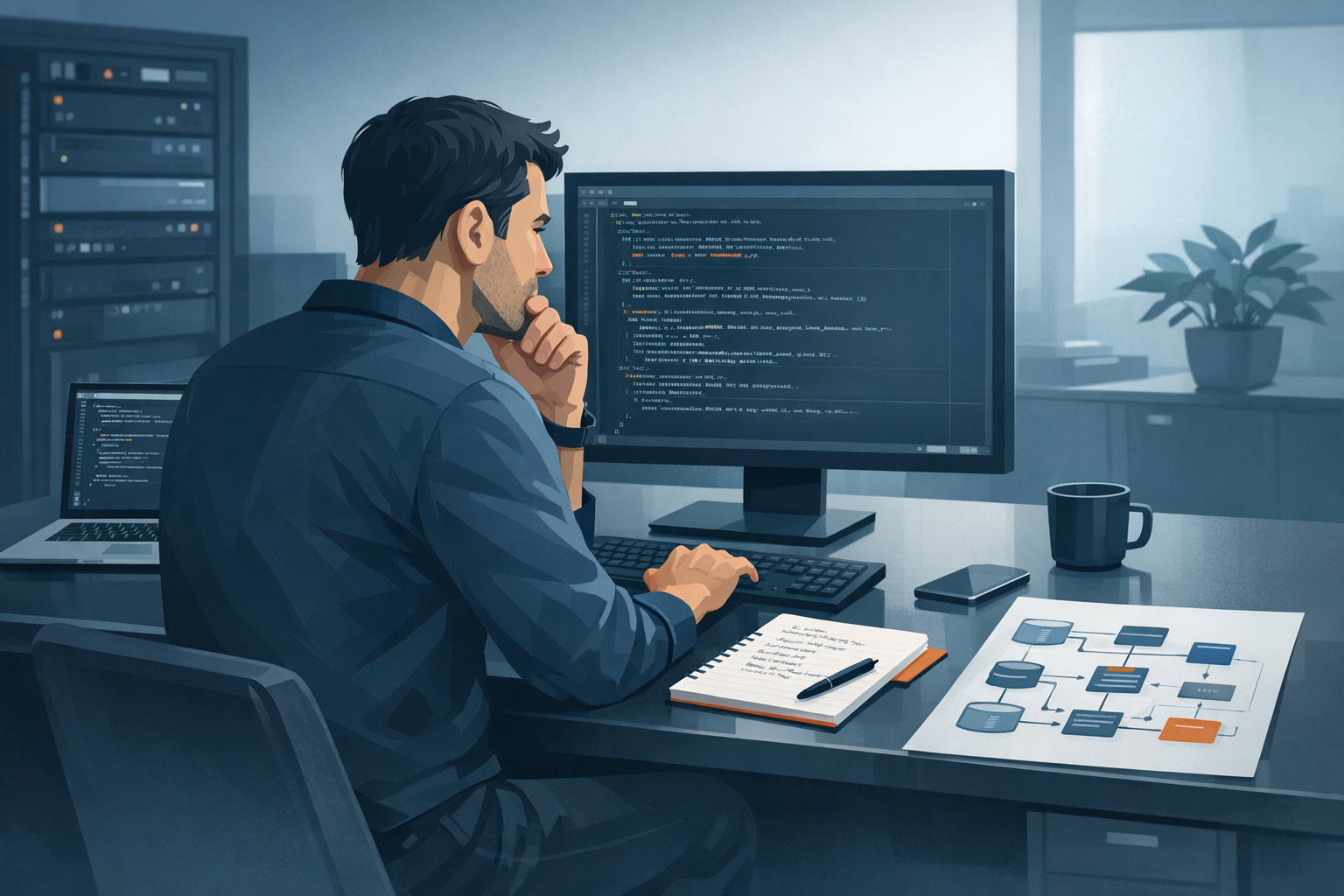 Erfahrener Entwickler analysiert Legacy-Code, Notizen und Architekturskizze daneben