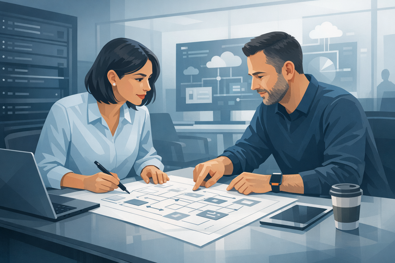 Zwei IT-Fachleute besprechen eine Architekturskizze auf Papier in einem Bueroraum