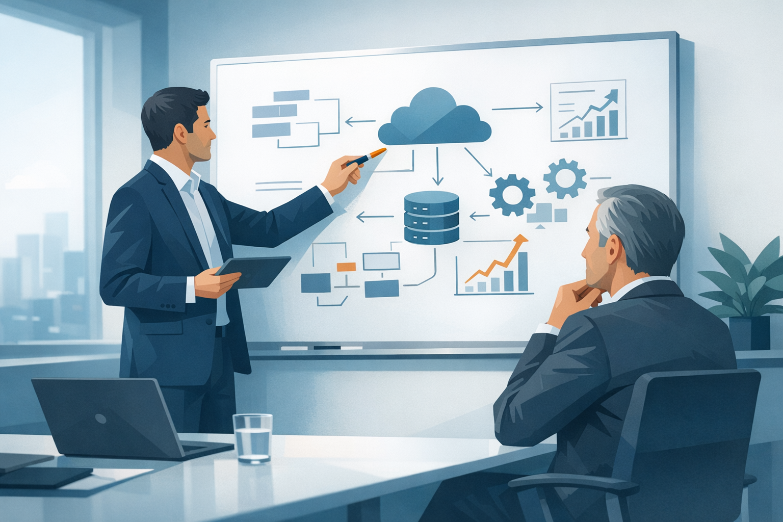 IT-Berater erklaert Geschaeftsfuehrer die Modernisierungsstrategie am Whiteboard