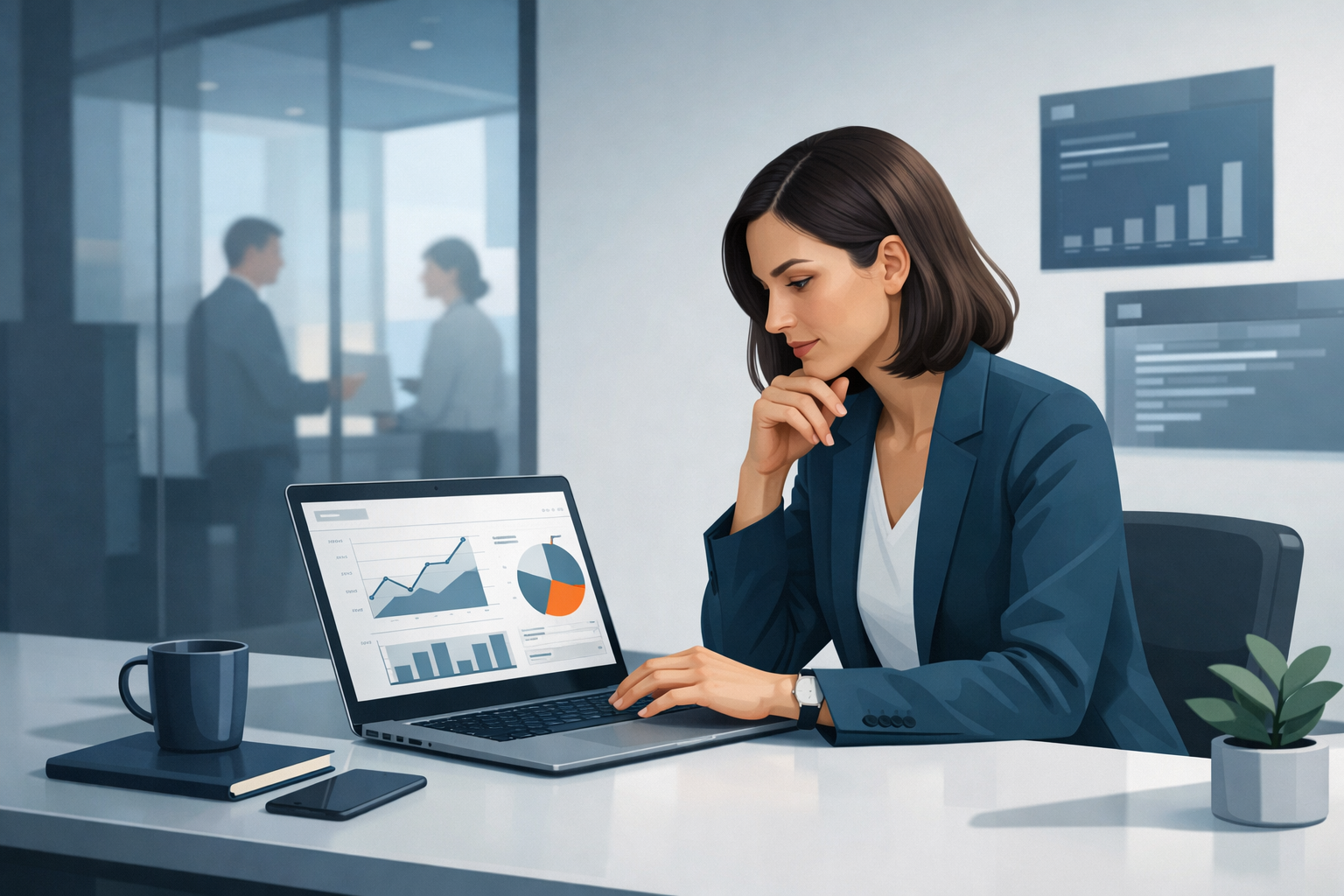 Geschaeftsfrau prueft Softwareergebnisse am Laptop in einem modernen Buero