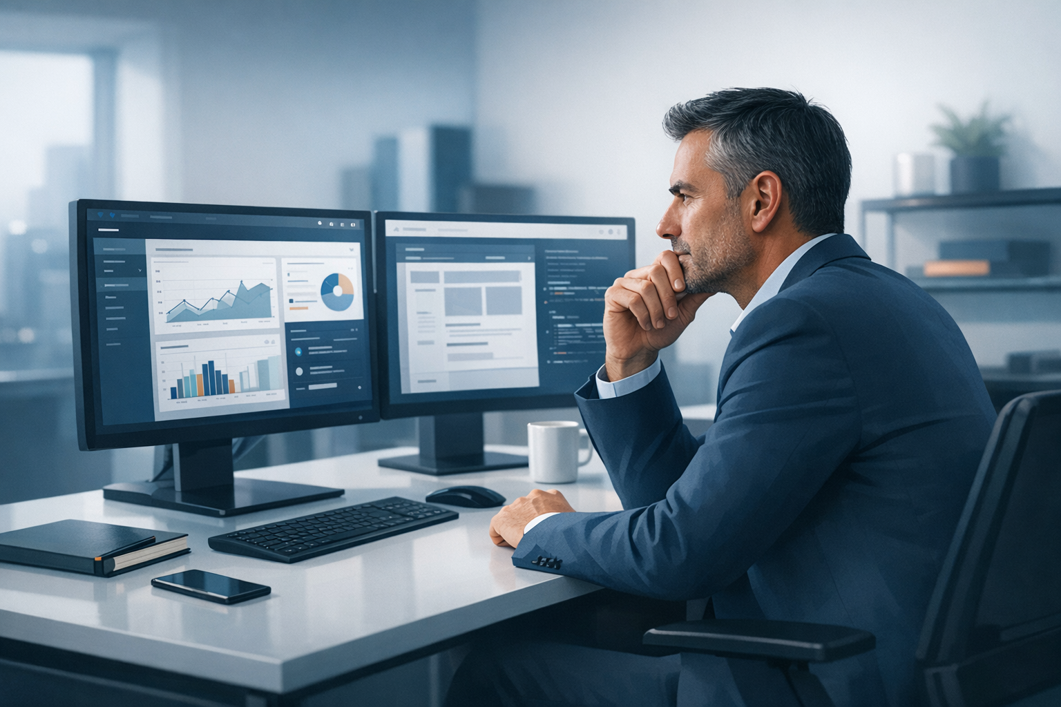 Geschaeftsfuehrer sitzt am Schreibtisch mit mehreren geoeffneten Programmen und blickt nachdenklich auf den Bildschirm