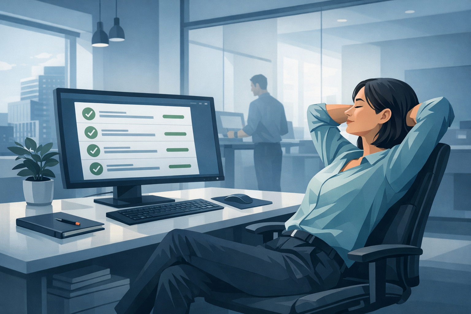 Mitarbeiterin lehnt sich entspannt zurueck waehrend auf dem Bildschirm automatisierte Aufgaben als erledigt angezeigt werden