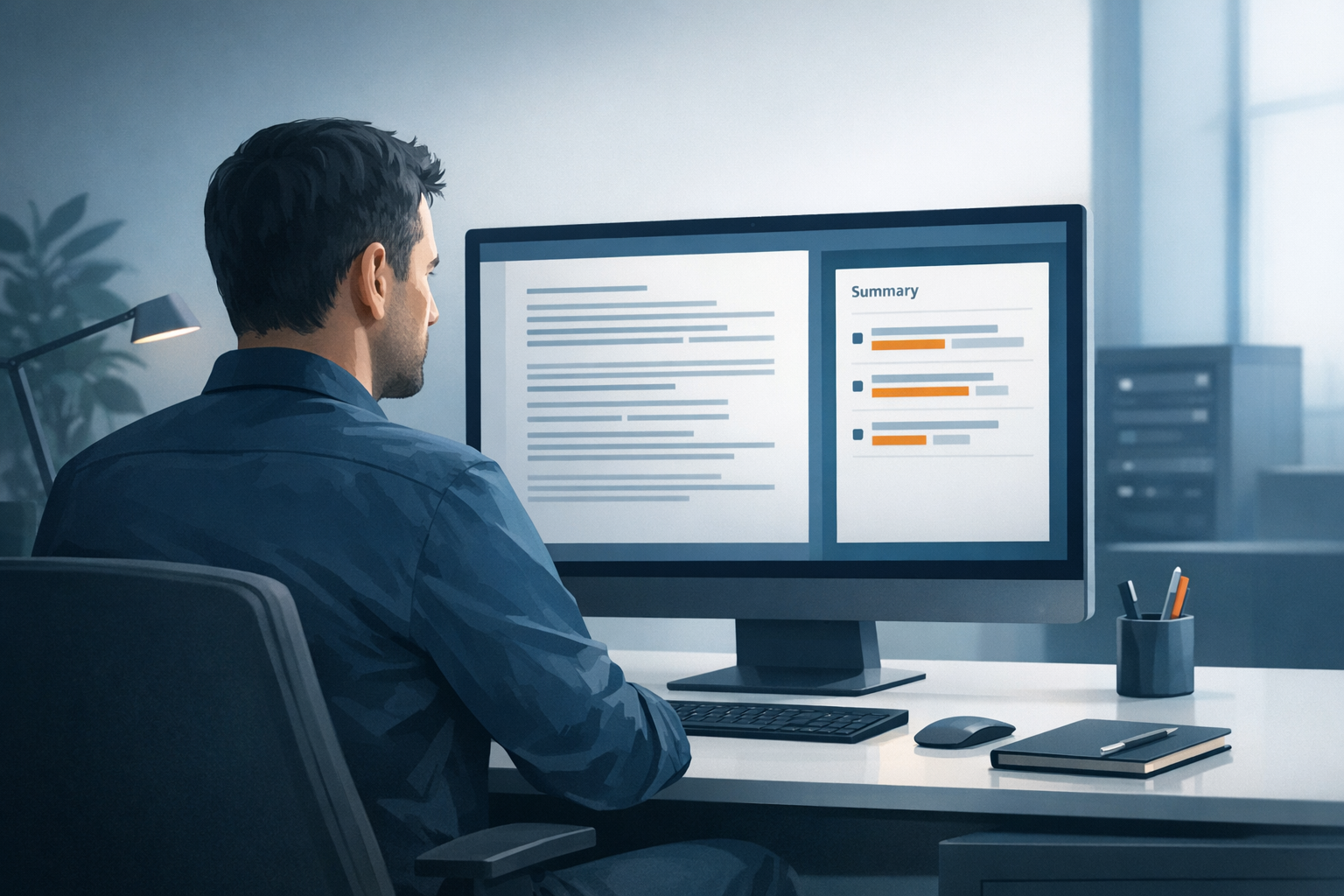 Mitarbeiter betrachtet auf dem Bildschirm eine automatisch erstellte Zusammenfassung eines laengeren Dokuments