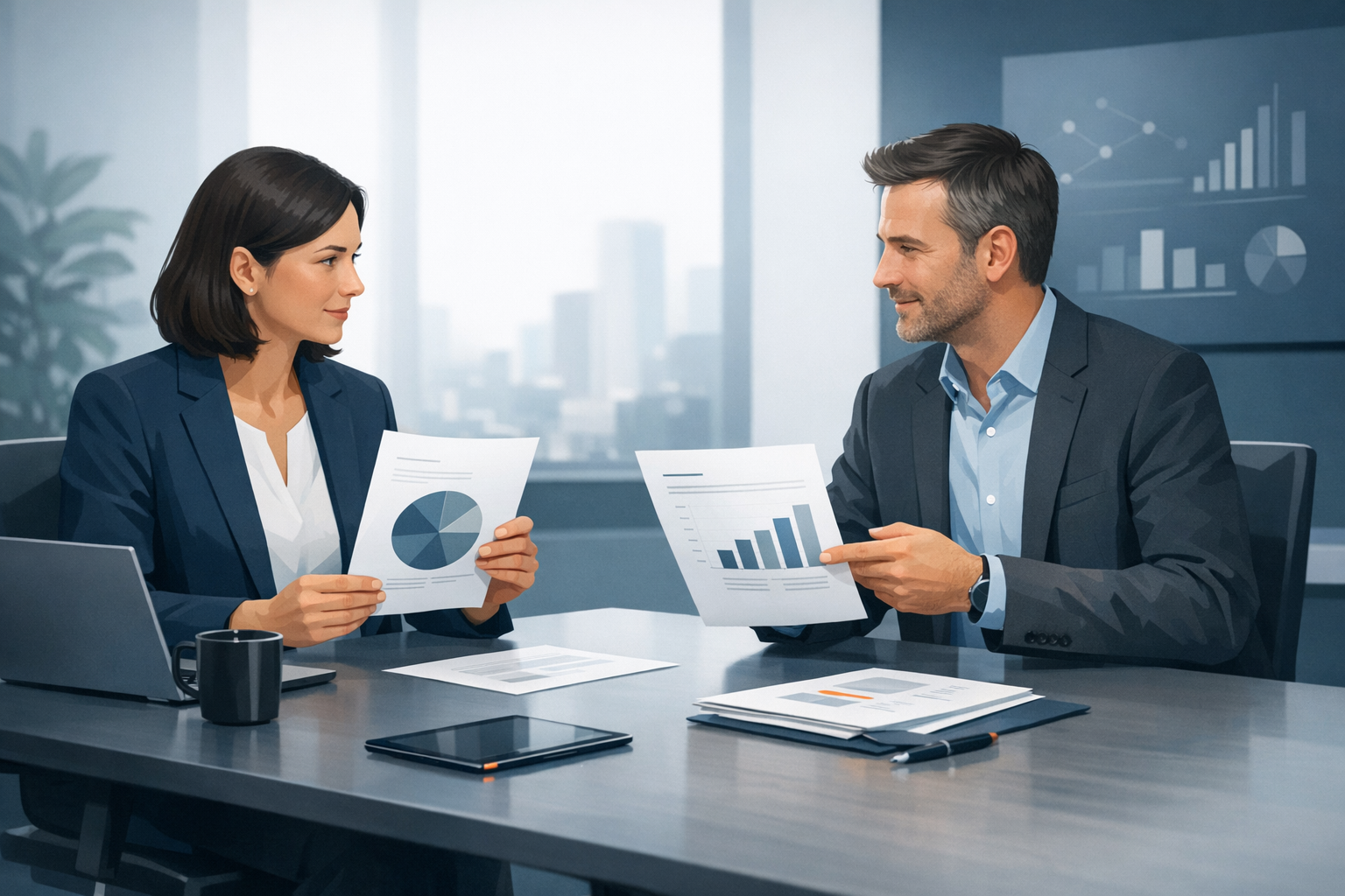 Geschaeftsfuehrerin und Berater sitzen an einem Besprechungstisch und vergleichen zwei Optionen auf Papier