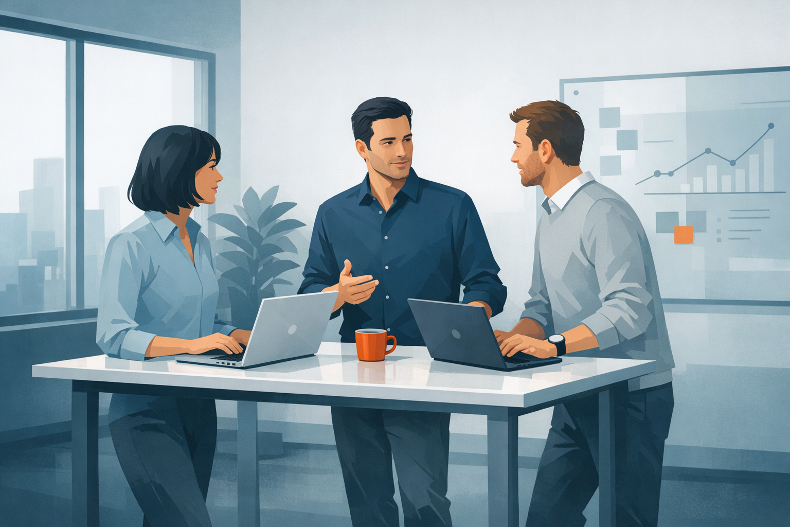 Kleines Team in einem modernen Buero bespricht naechste Schritte an einem Stehtisch mit Laptops