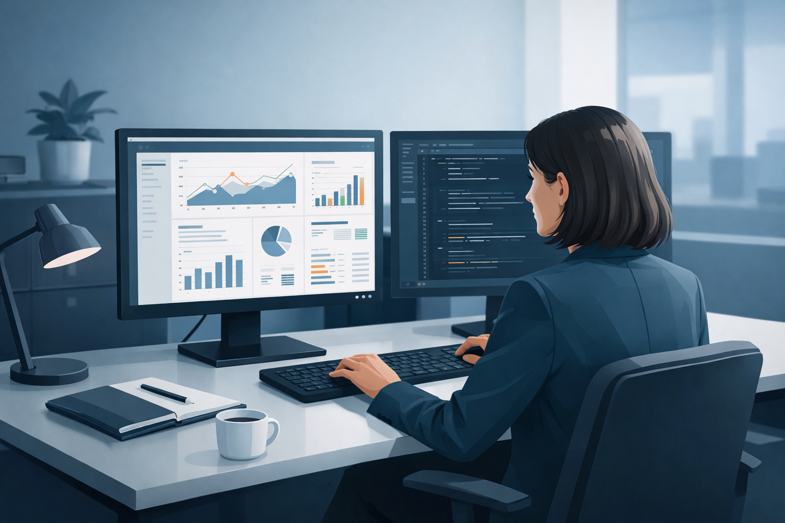 Mitarbeiterin am Schreibtisch mit zwei Bildschirmen, auf denen unterschiedliche Programme geoeffnet sind