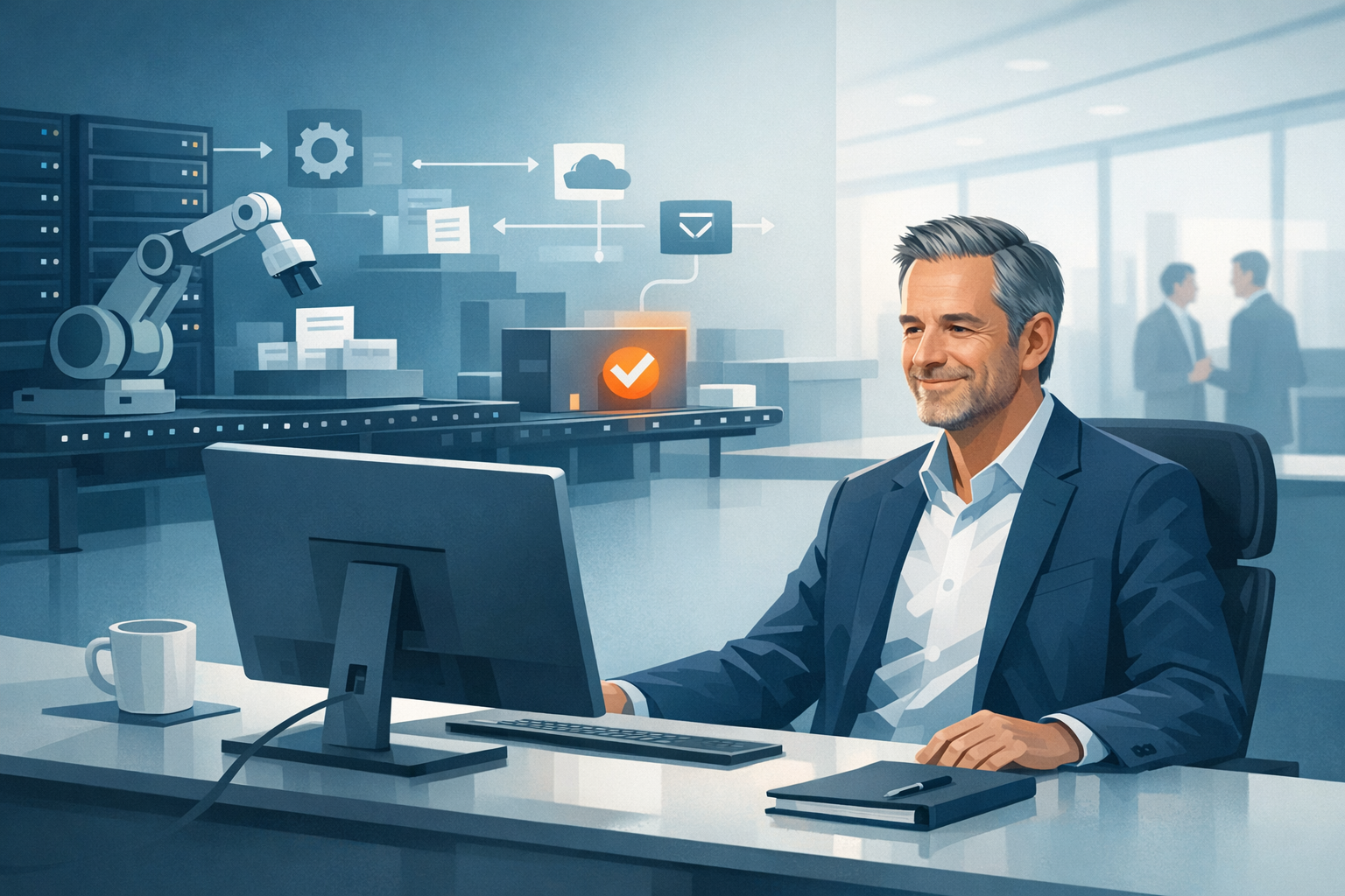 Geschaeftsfuehrer schaut erleichtert auf Bildschirm, waehrend automatisierter Ablauf im Hintergrund laeuft