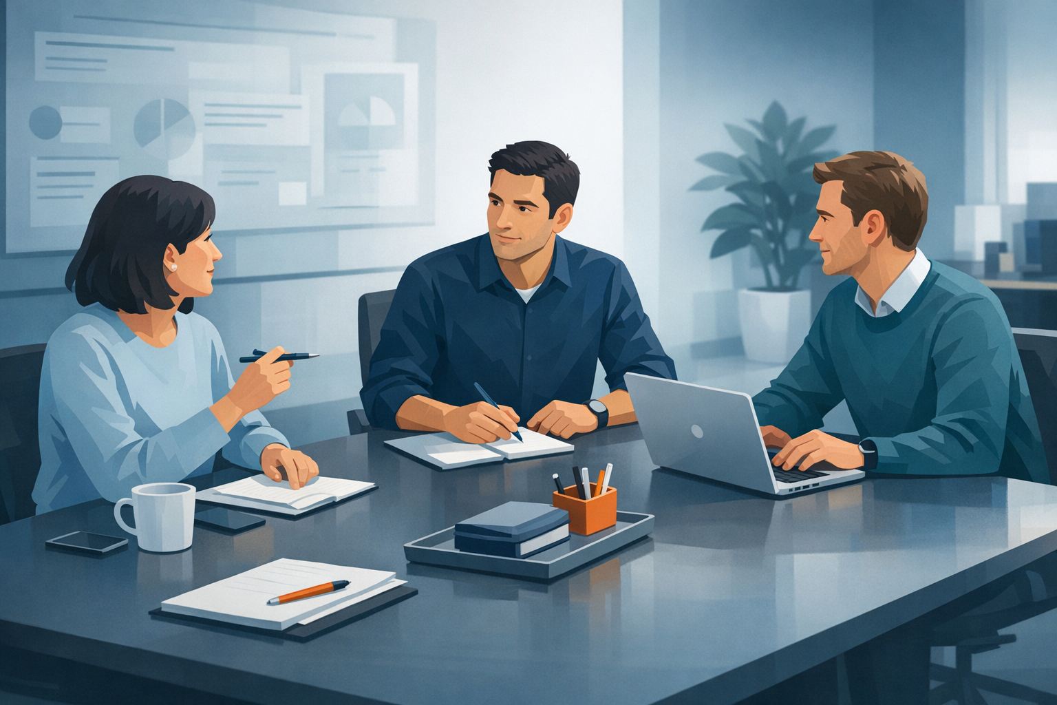 Kleinteam bespricht am Konferenztisch Arbeitsablaeufe mit Notizen und Laptop