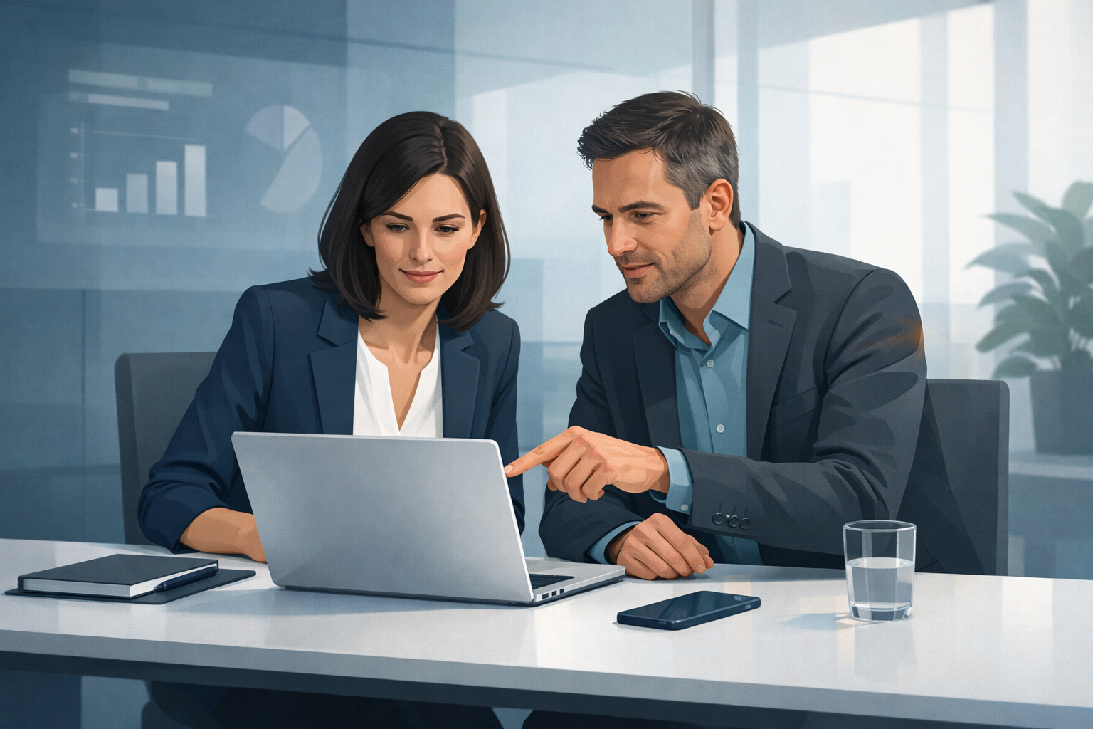 Geschaeftsfuehrerin und Berater schauen gemeinsam auf Laptop, besprechen Ergebnisse