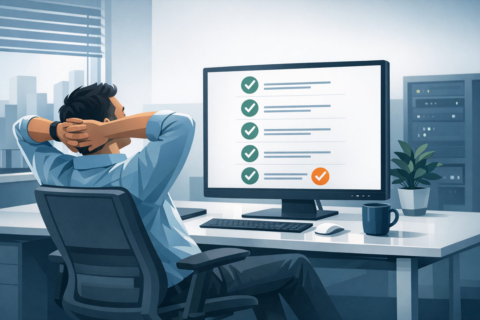 Mitarbeiter lehnt sich entspannt zurueck, waehrend auf dem Bildschirm eine abgeschlossene Aufgabenliste zu sehen ist