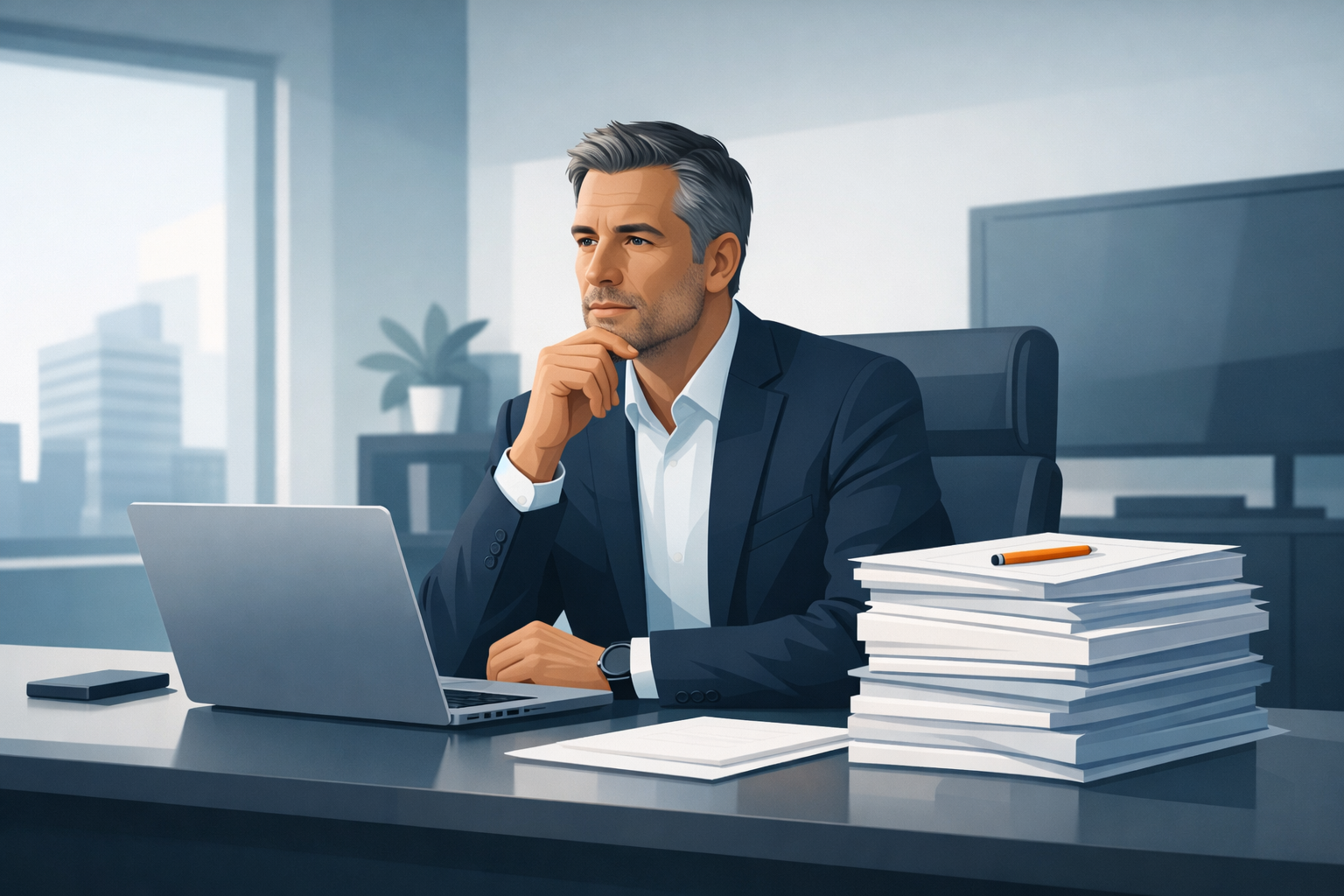 Geschaeftsfuehrer sitzt am Schreibtisch mit Laptop und Papierstapel, nachdenklicher Blick