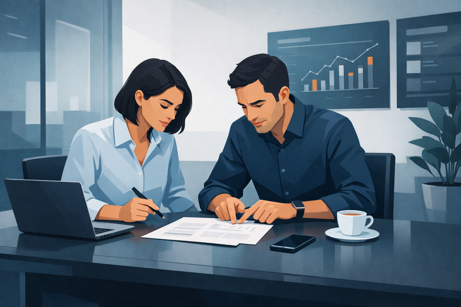 Zwei Mitarbeiter besprechen gemeinsam ein Dokument am Besprechungstisch, konzentrierte Arbeitsatmosphaere