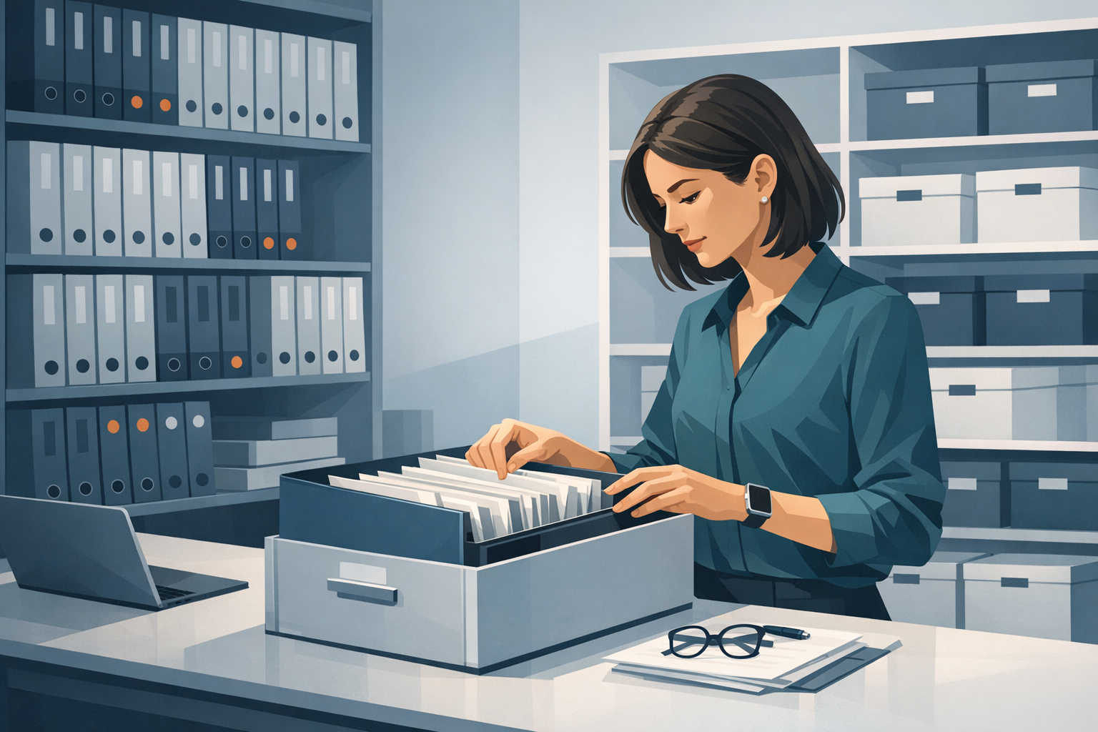 Mitarbeiterin sucht in einem Ordner voller Dokumente, Archiv oder Buero mit Regalen im Hintergrund