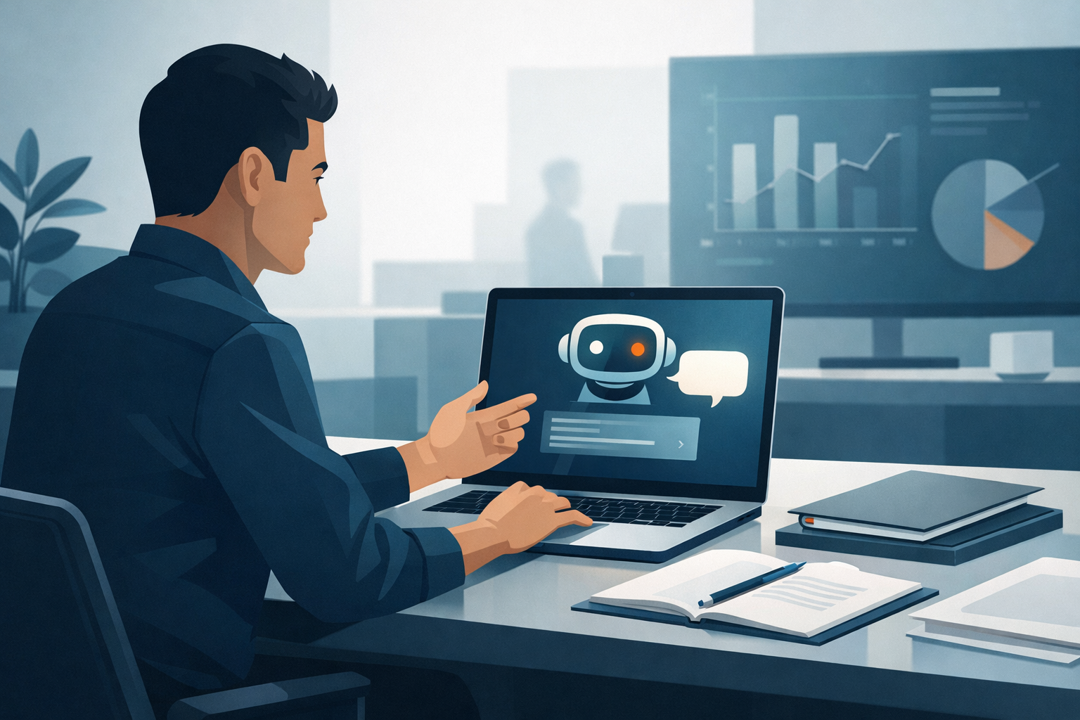 Mitarbeiter stellt einer KI-Anwendung auf dem Laptop eine Frage, Bueroumgebung mit Unterlagen