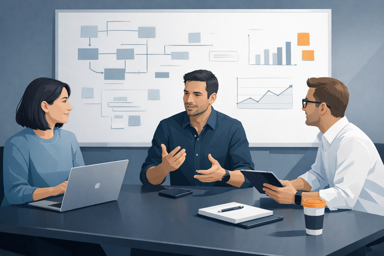 Kleines Team in Besprechung, entspannte Stimmung, Whiteboard im Hintergrund