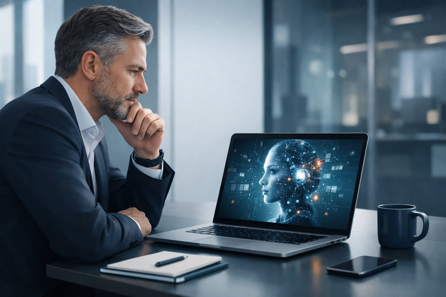 Geschaeftsfuehrer sitzt nachdenklich vor Laptop mit KI-generiertem Ergebnis auf dem Bildschirm
