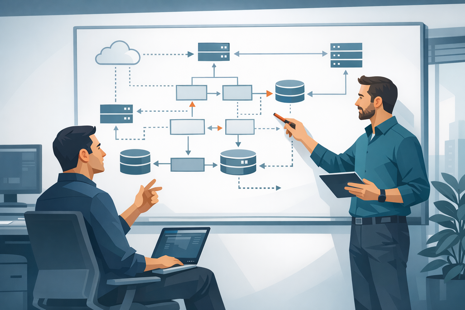Zwei Entwickler diskutieren an einem Whiteboard ueber Systemarchitektur und Abhaengigkeiten