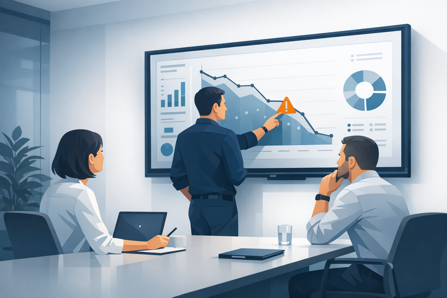Team analysiert gemeinsam ein Problem auf einem grossen Monitor in einem Besprechungsraum