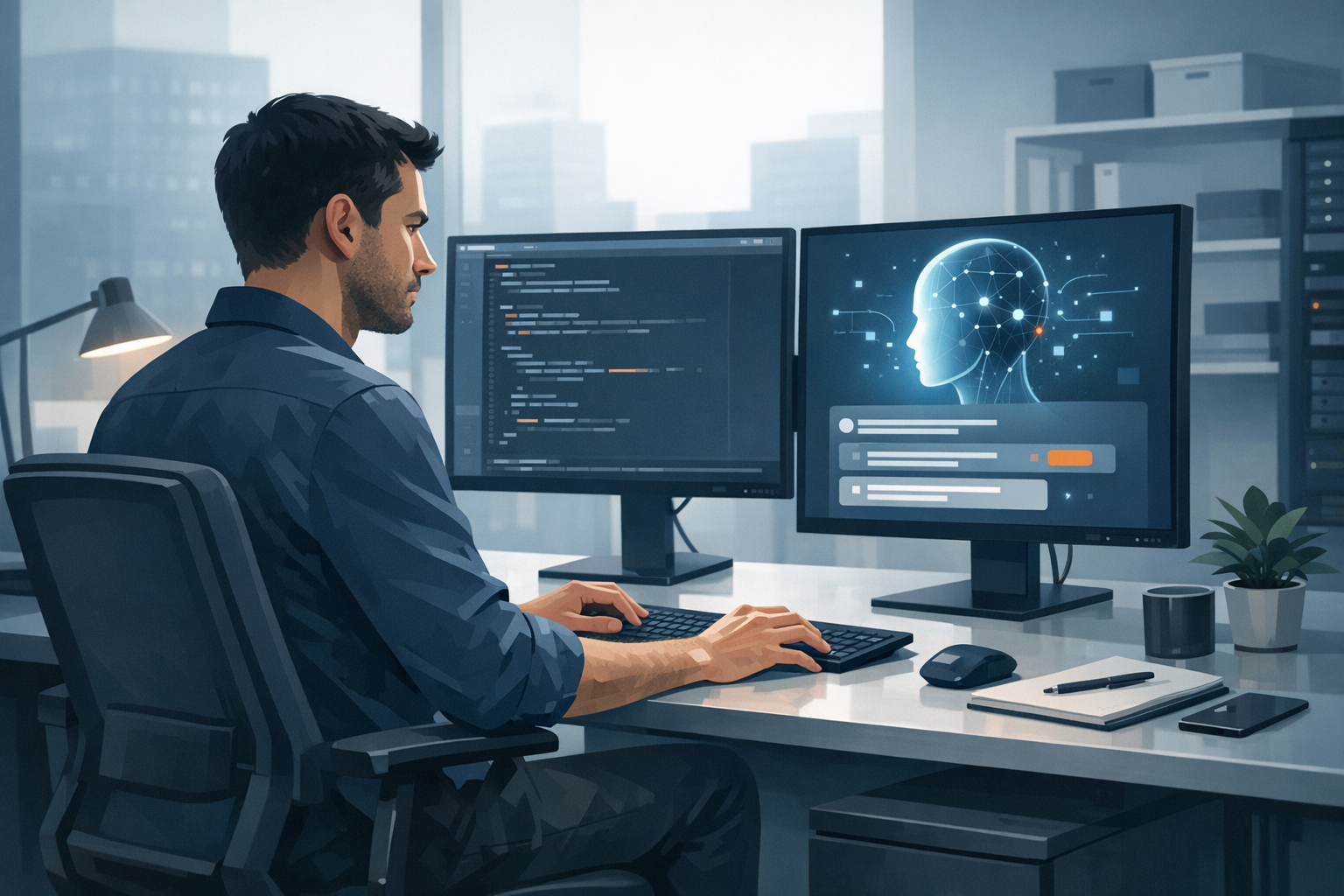 Entwickler arbeitet konzentriert am Schreibtisch und nutzt KI-Tool als Unterstuetzung bei der Arbeit