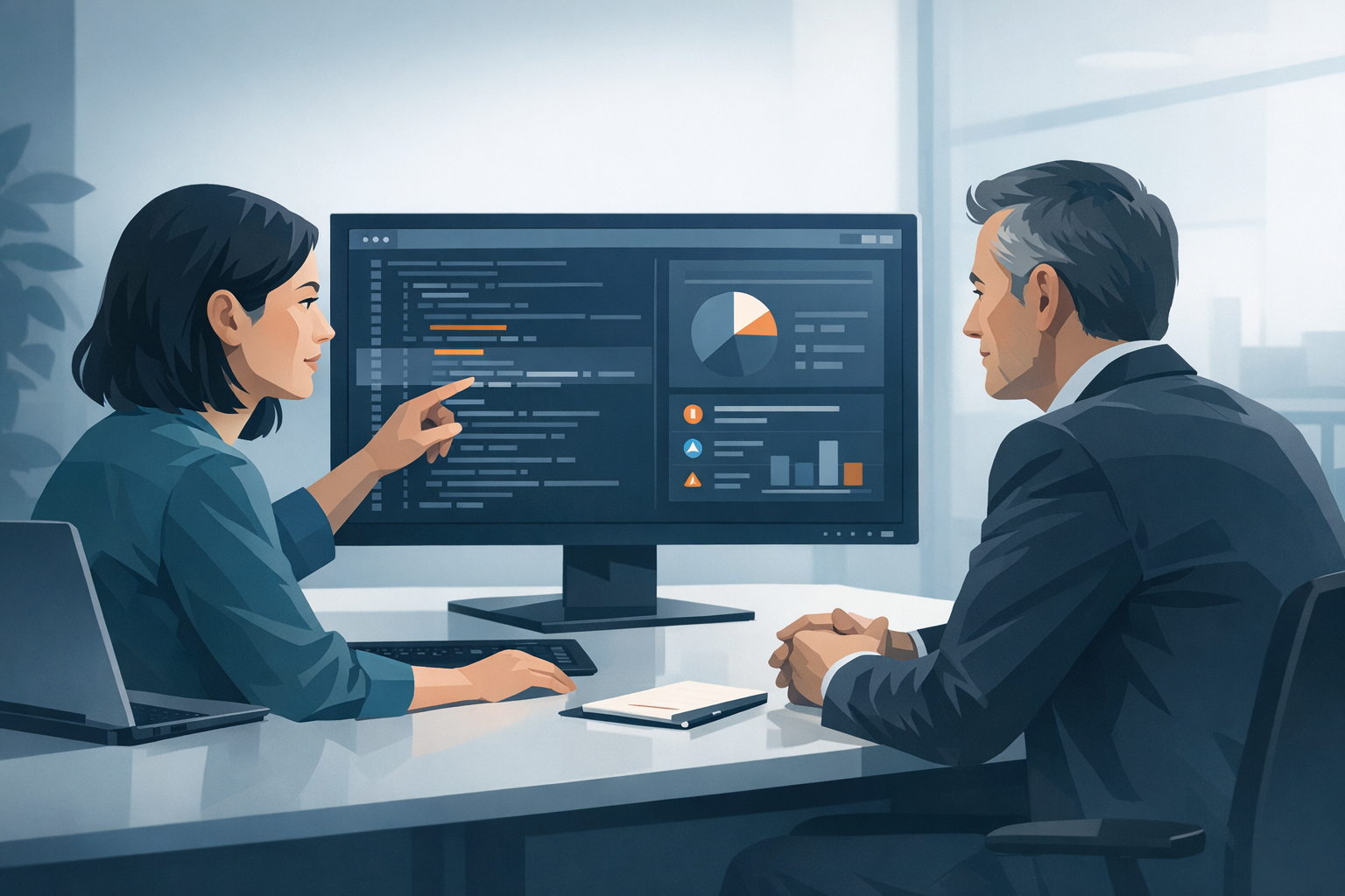Entwicklerin erklaert einem Geschaeftsfuehrer am Bildschirm die Ergebnisse einer Code-Analyse