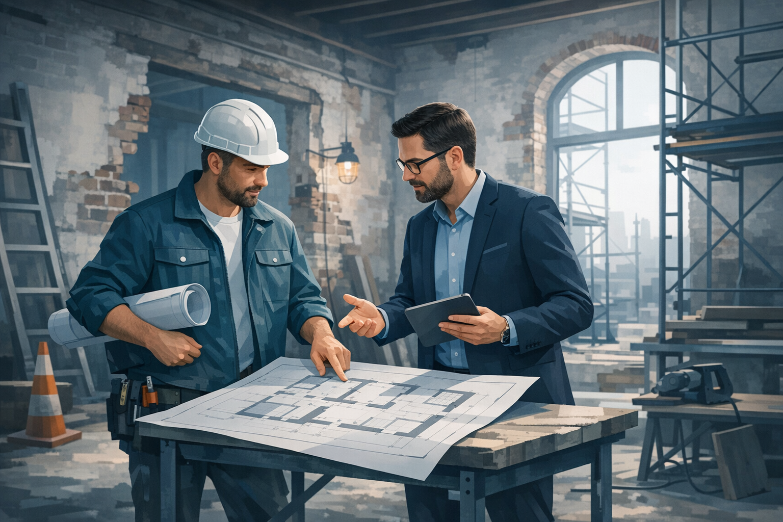 Handwerker und Architekt besprechen Baupläne eines Altbaus auf einer Baustelle