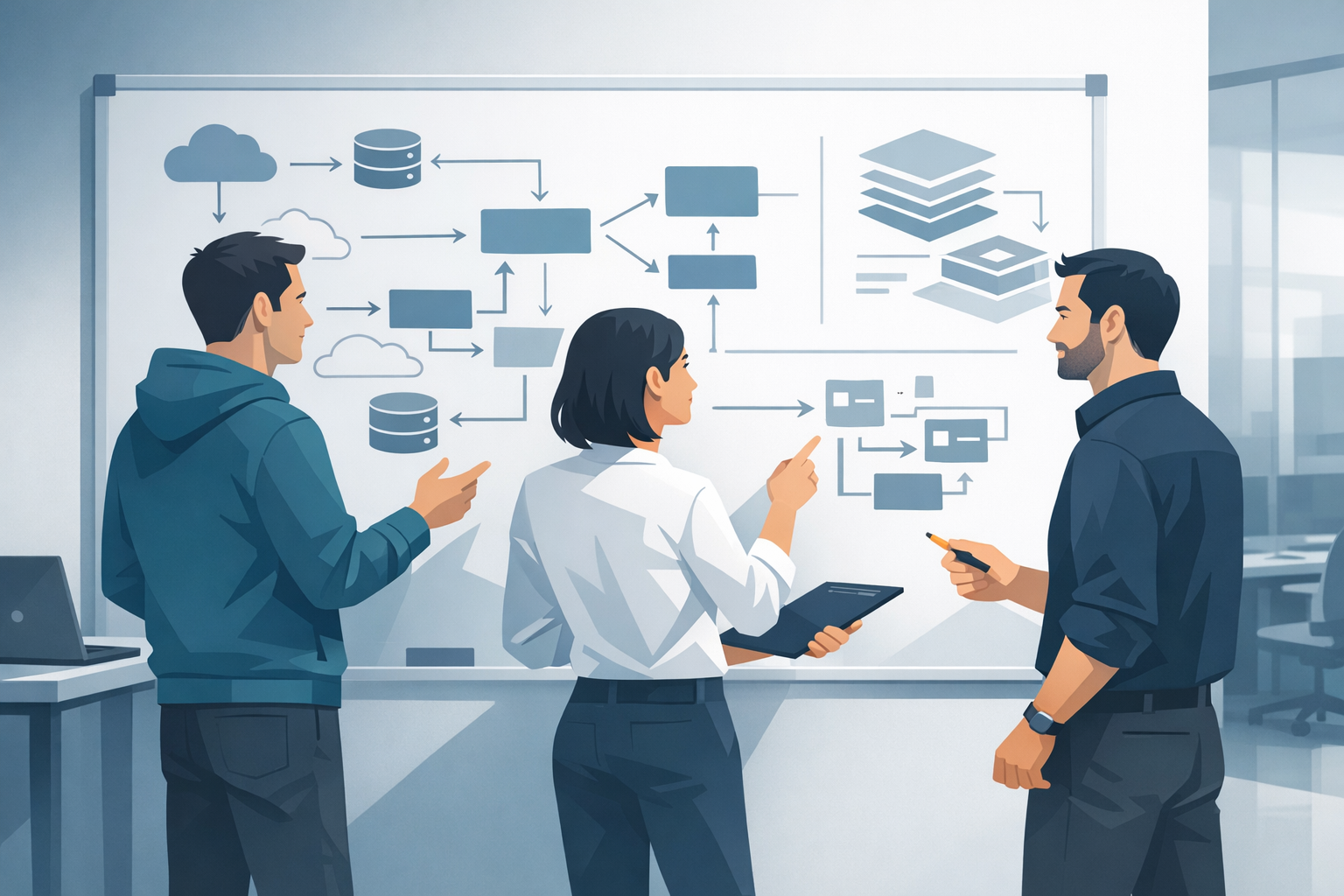 Entwicklerteam diskutiert an einem Whiteboard mit Diagrammen über Softwarearchitektur