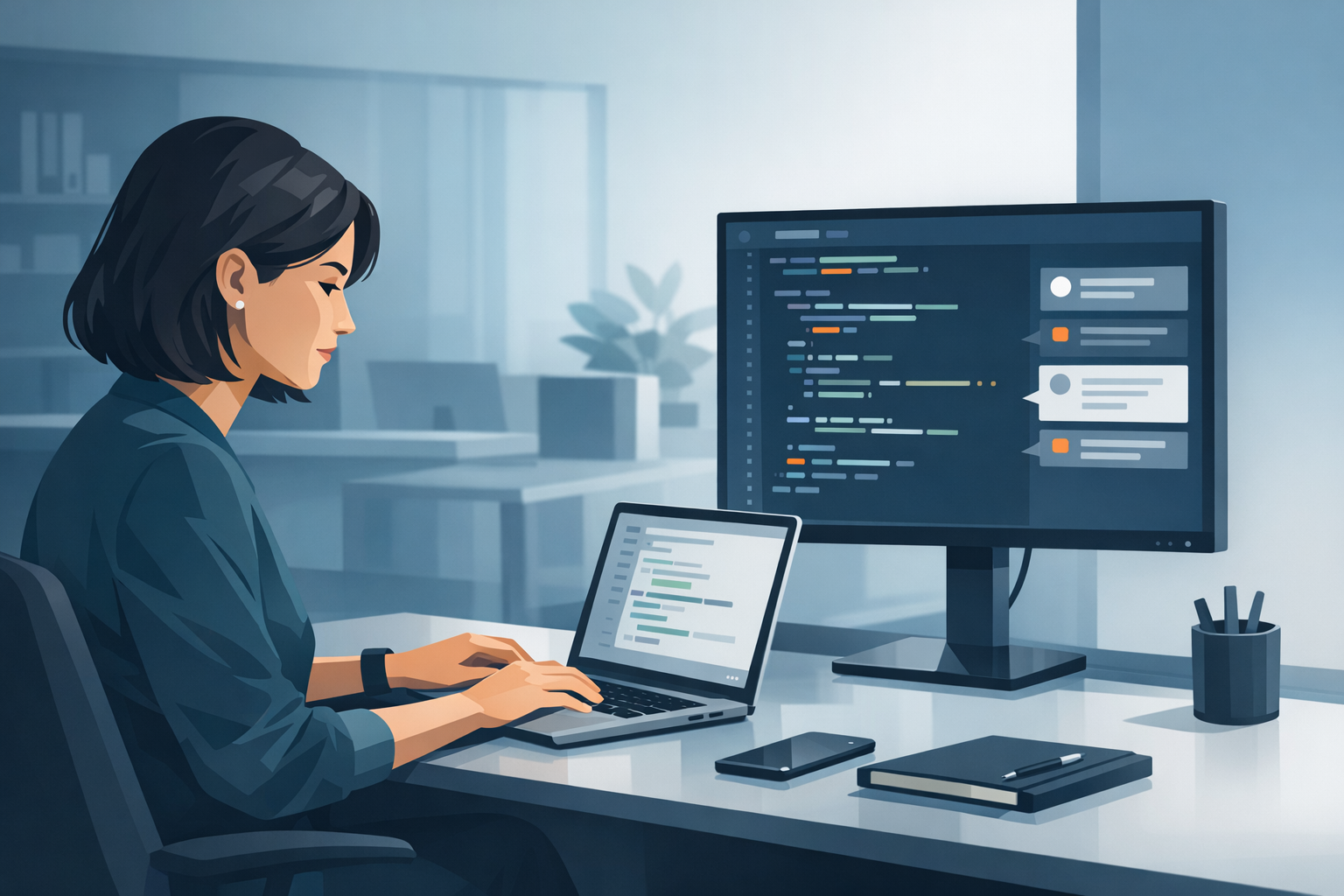 Entwicklerin arbeitet konzentriert am Laptop, zweiter Bildschirm zeigt Code-Review