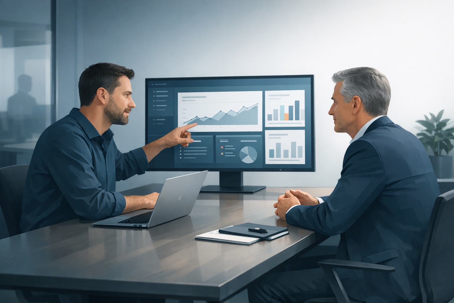 Erfahrener Entwickler erklaert einem Geschaeftsfuehrer etwas am Bildschirm in einem Meeting