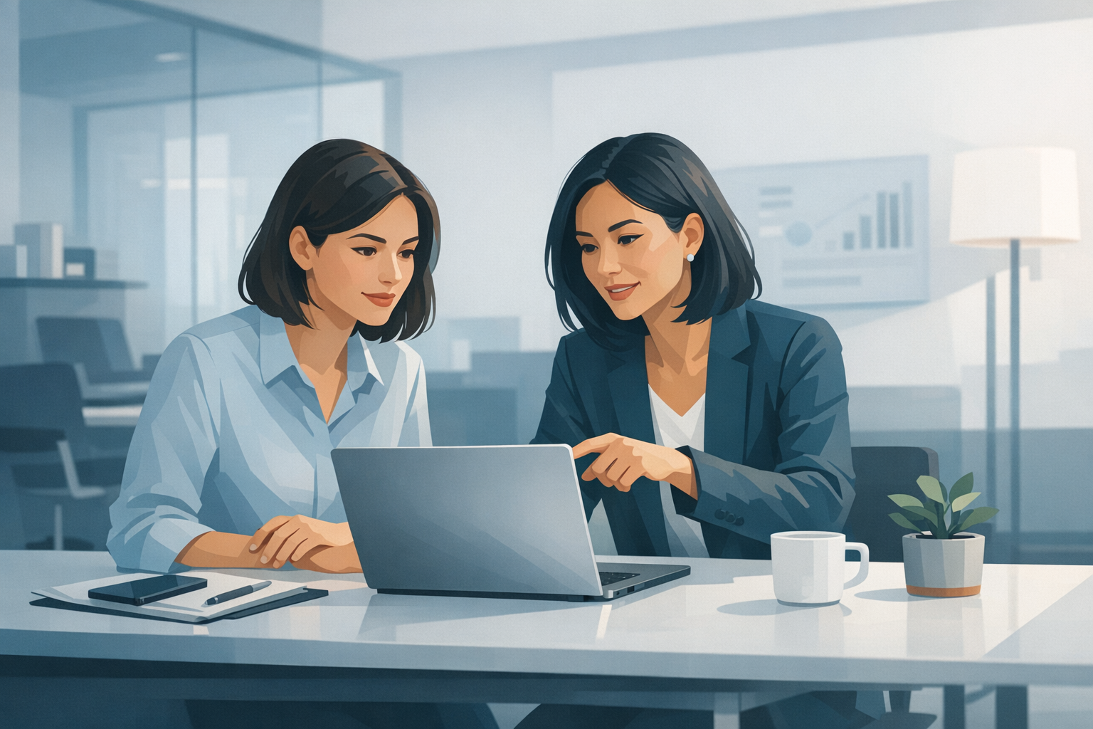 Zwei Kolleginnen arbeiten gemeinsam an einem Laptop in einem hellen Buero