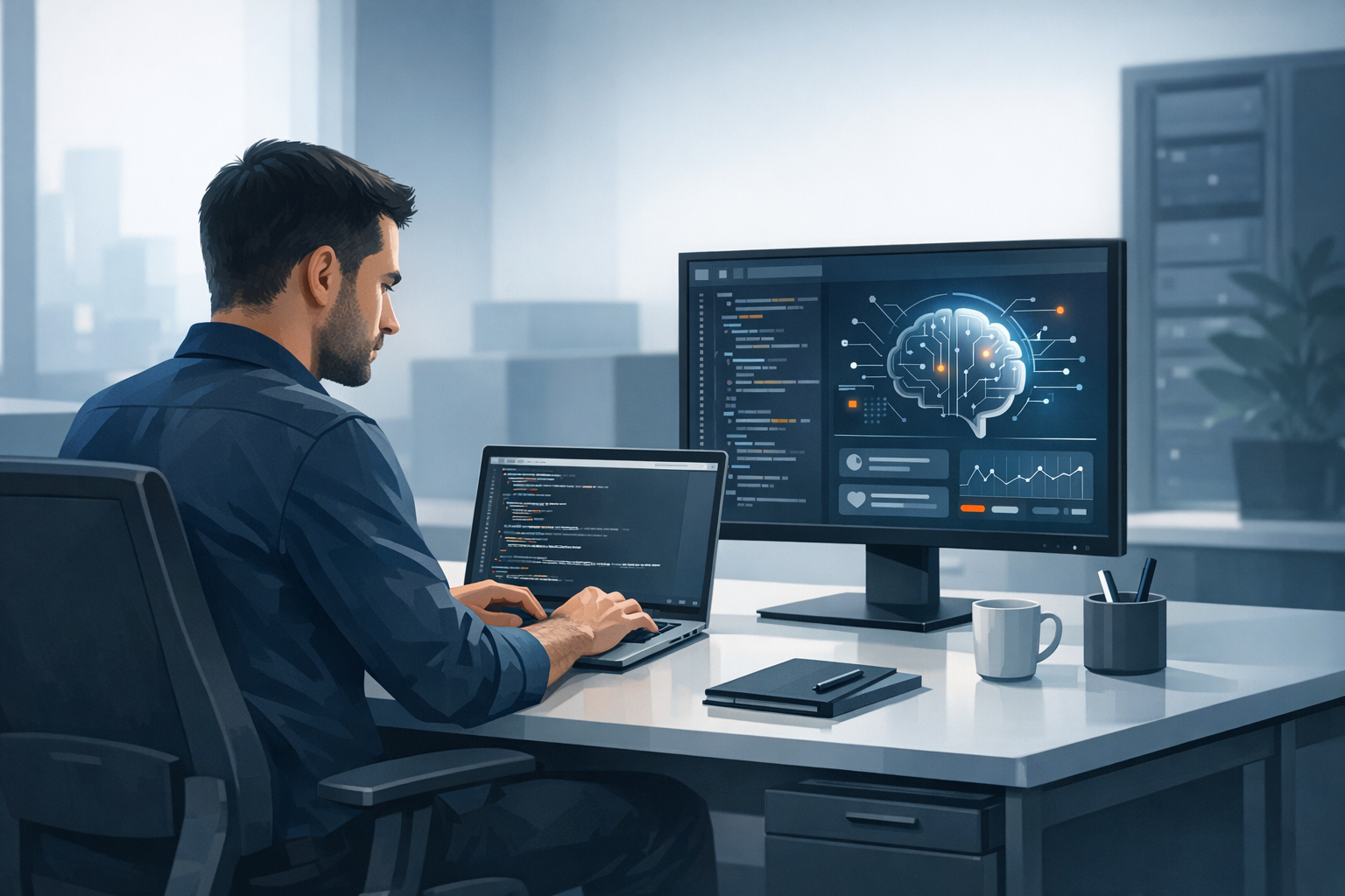 Entwickler arbeitet konzentriert am Laptop, KI-Tool auf dem zweiten Monitor sichtbar