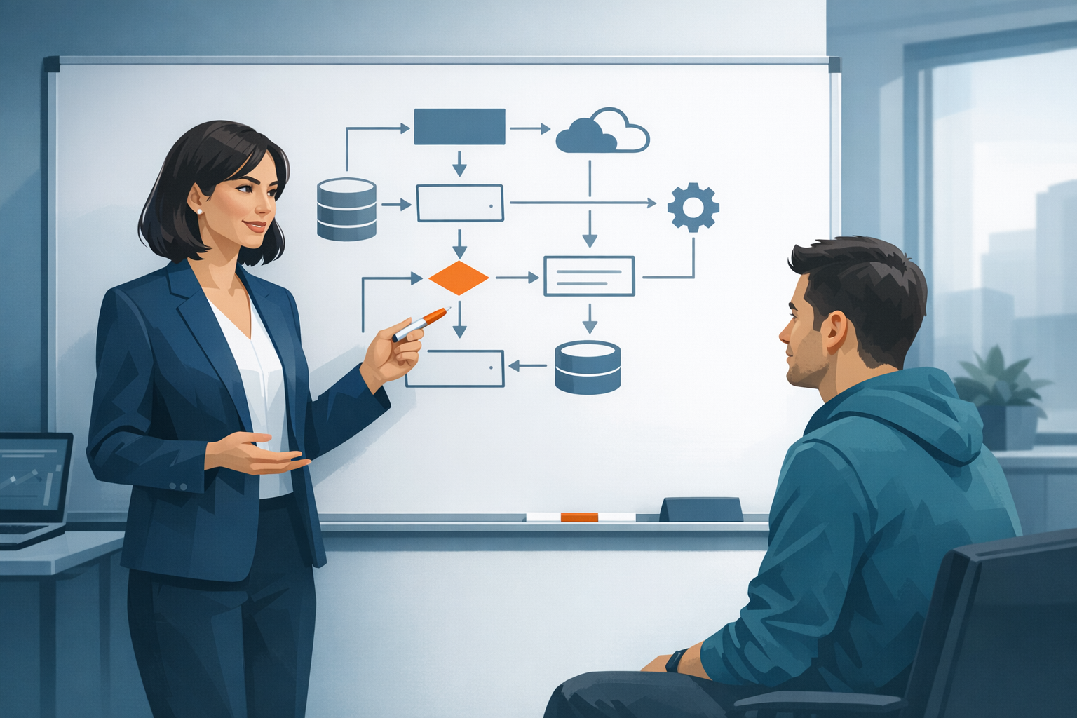 Geschaeftsfuehrerin erklaert einem Entwickler Geschaeftsprozesse anhand eines Whiteboards