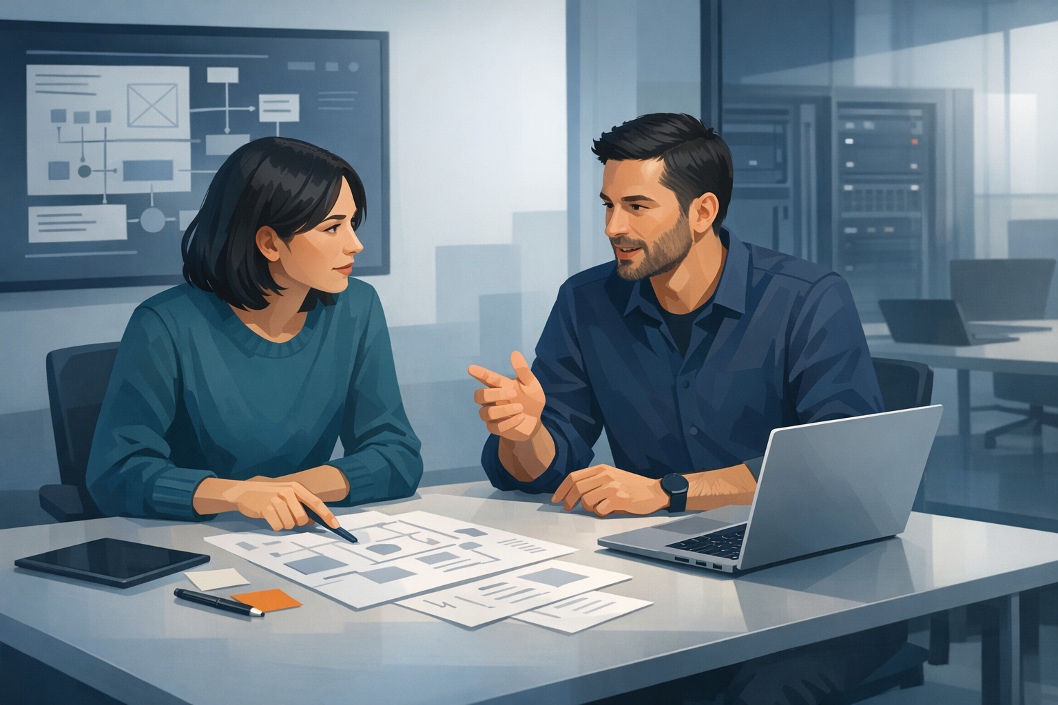 Zwei Entwickler diskutieren gemeinsam einen Loesungsansatz, Notizen auf dem Tisch