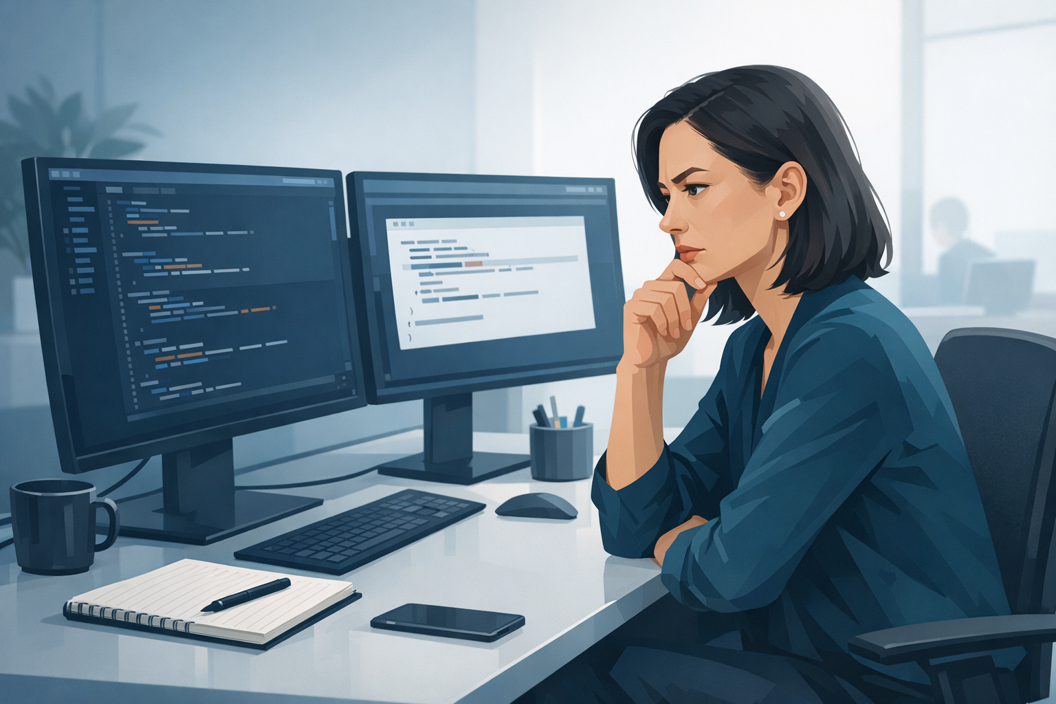 Erfahrene Entwicklerin prueft skeptisch einen Codevorschlag, Notizblock daneben