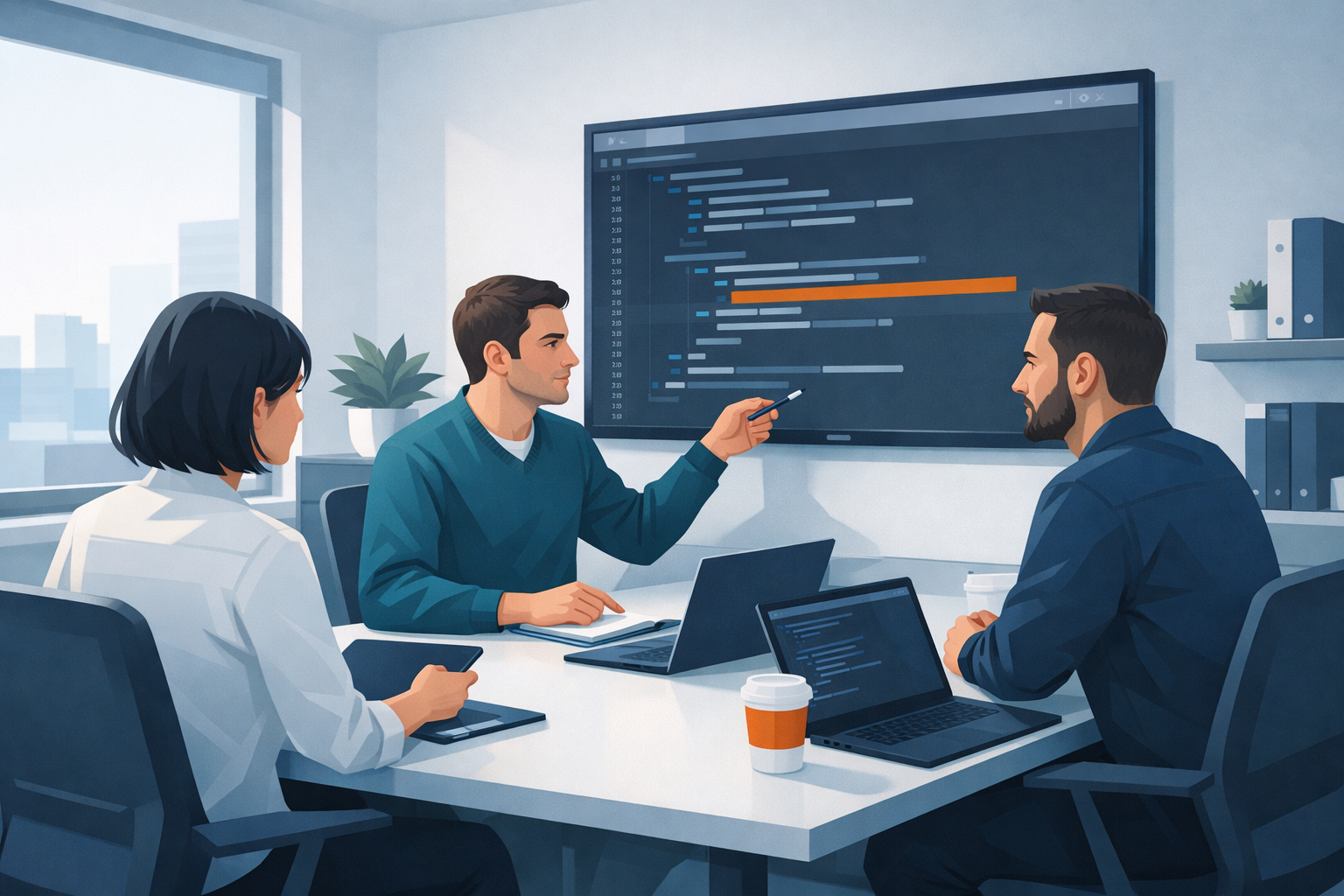 Kleines Entwicklerteam bei einer Codereviews-Besprechung in hellem Bueroraum